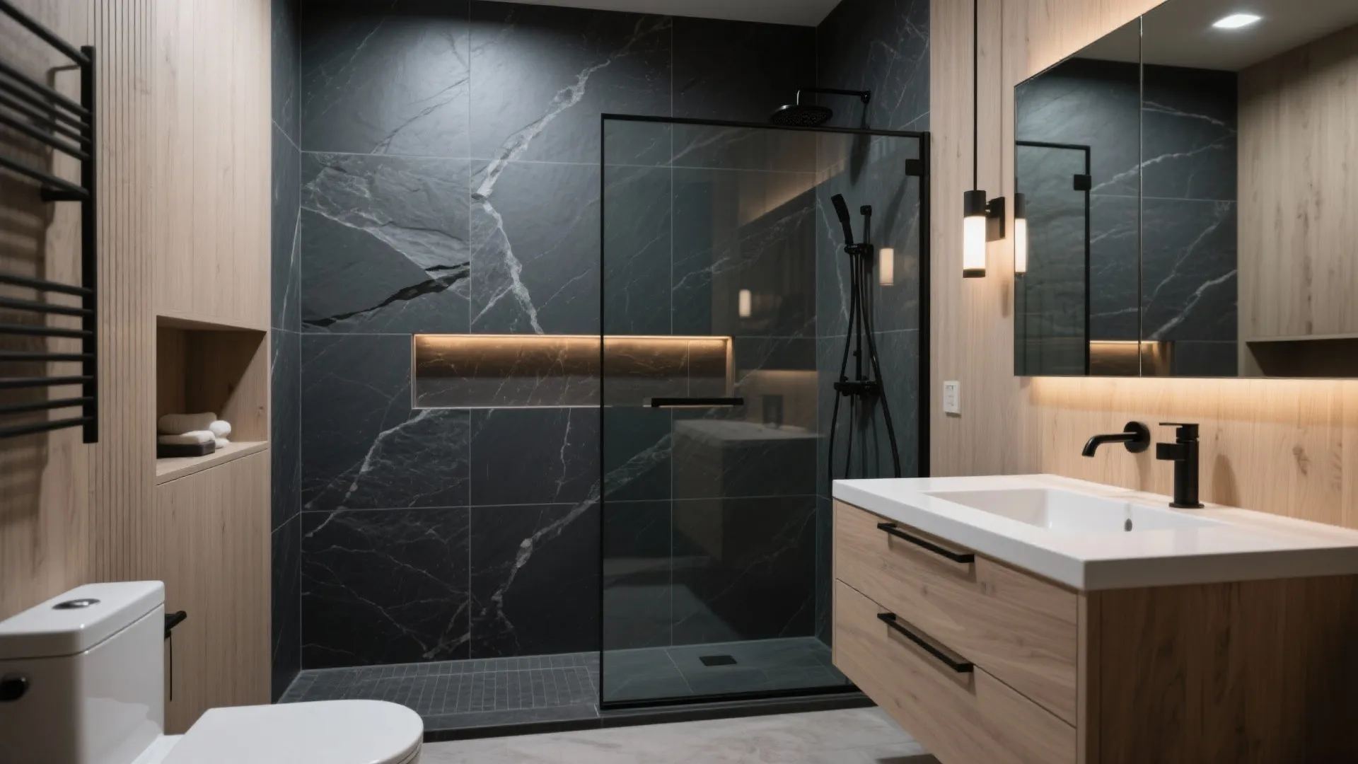 Black Stone-Look Slabs with Light-Wash Wood