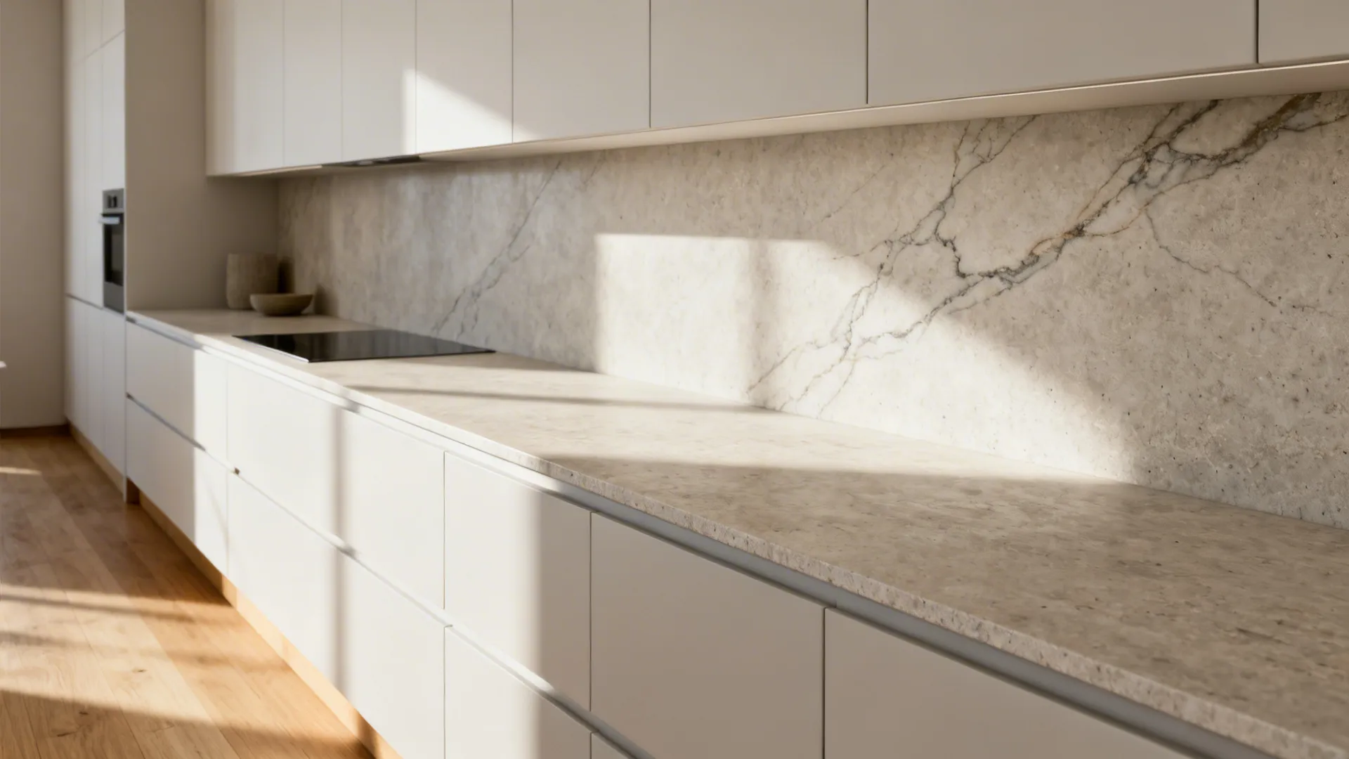 Minimalist kitchen with honed stone countertop and 12 mm slim edge over flush matte cabinets.