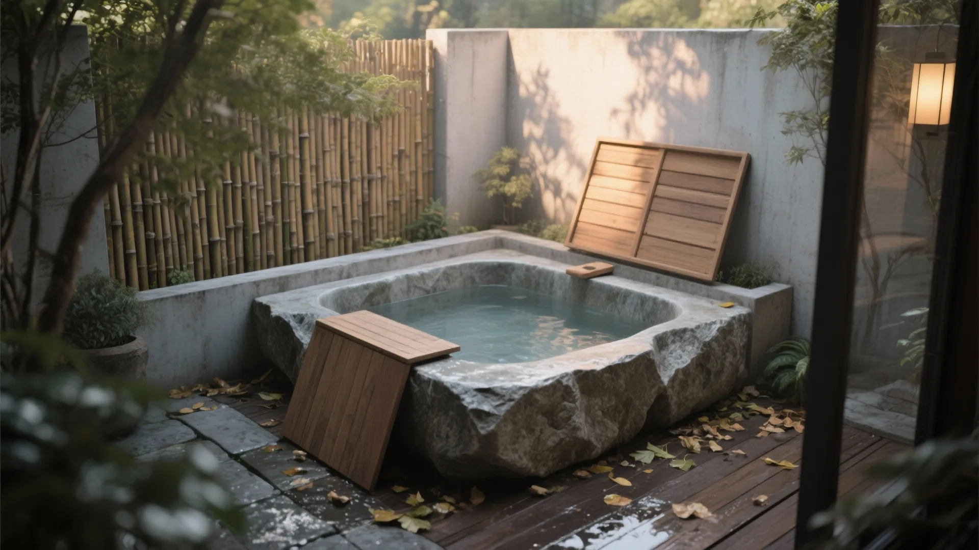 2. Stone Soaking Tub in a Private Courtyard