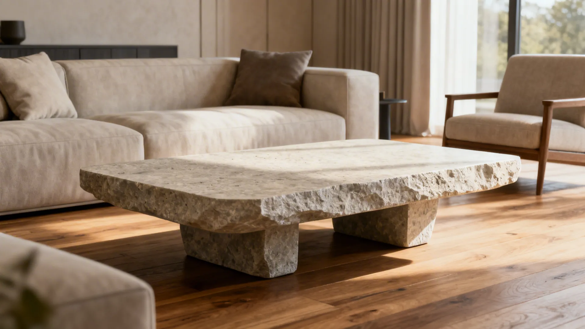 Sculptural stone center table anchoring a neutral living room with careful circulation
