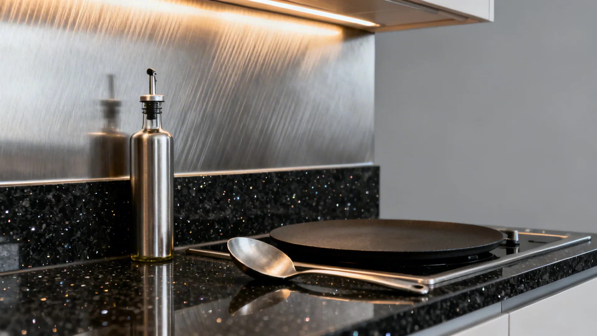 Macro of brushed stainless backsplash and black granite at a tawa station with an oil dispenser.