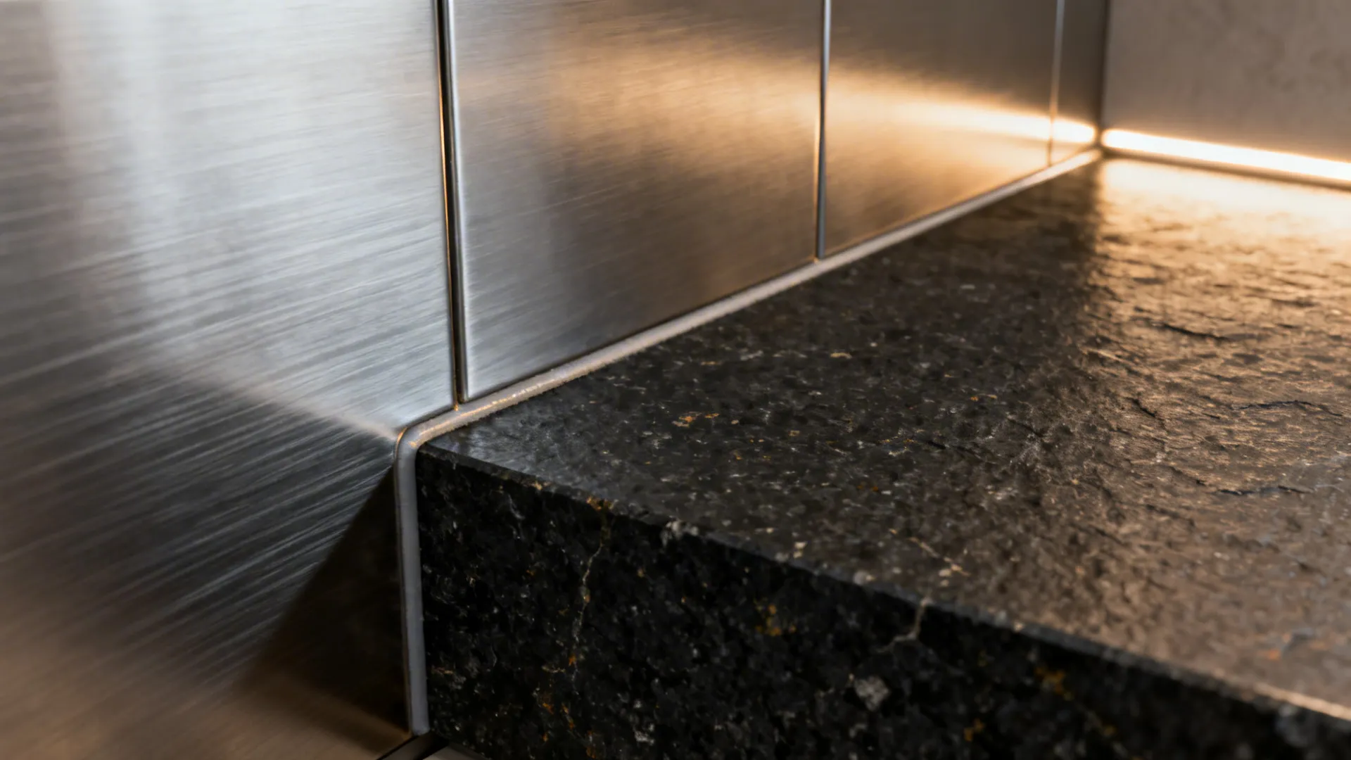 Macro of matte dark stone meeting brushed stainless with visible grain and warm highlights.
