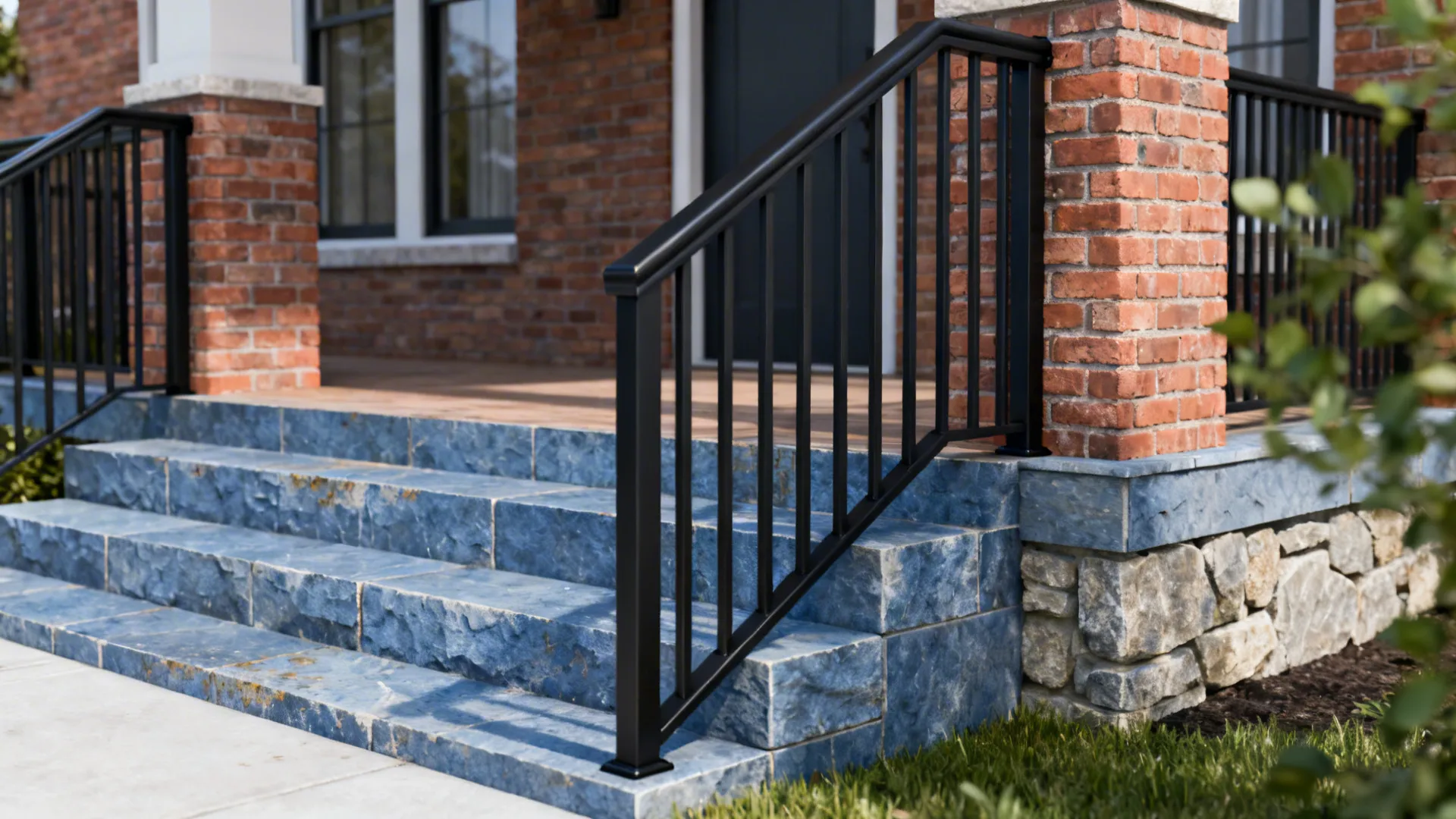 Bluestone steps with matte black metal railings complementing a brick porch.