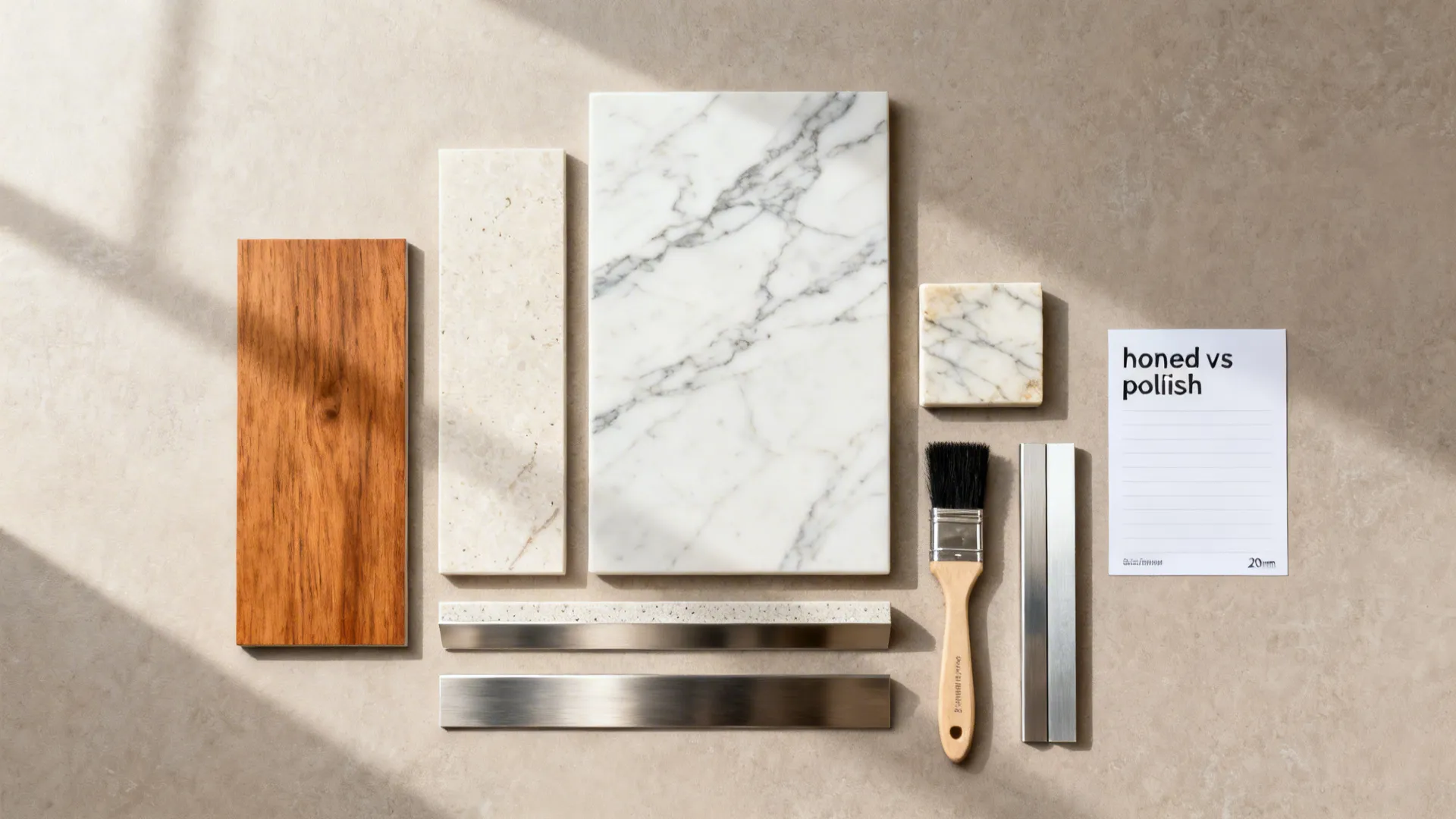 Interior material samples including white marble, wood plank, metal strips, and a paintbrush on stone