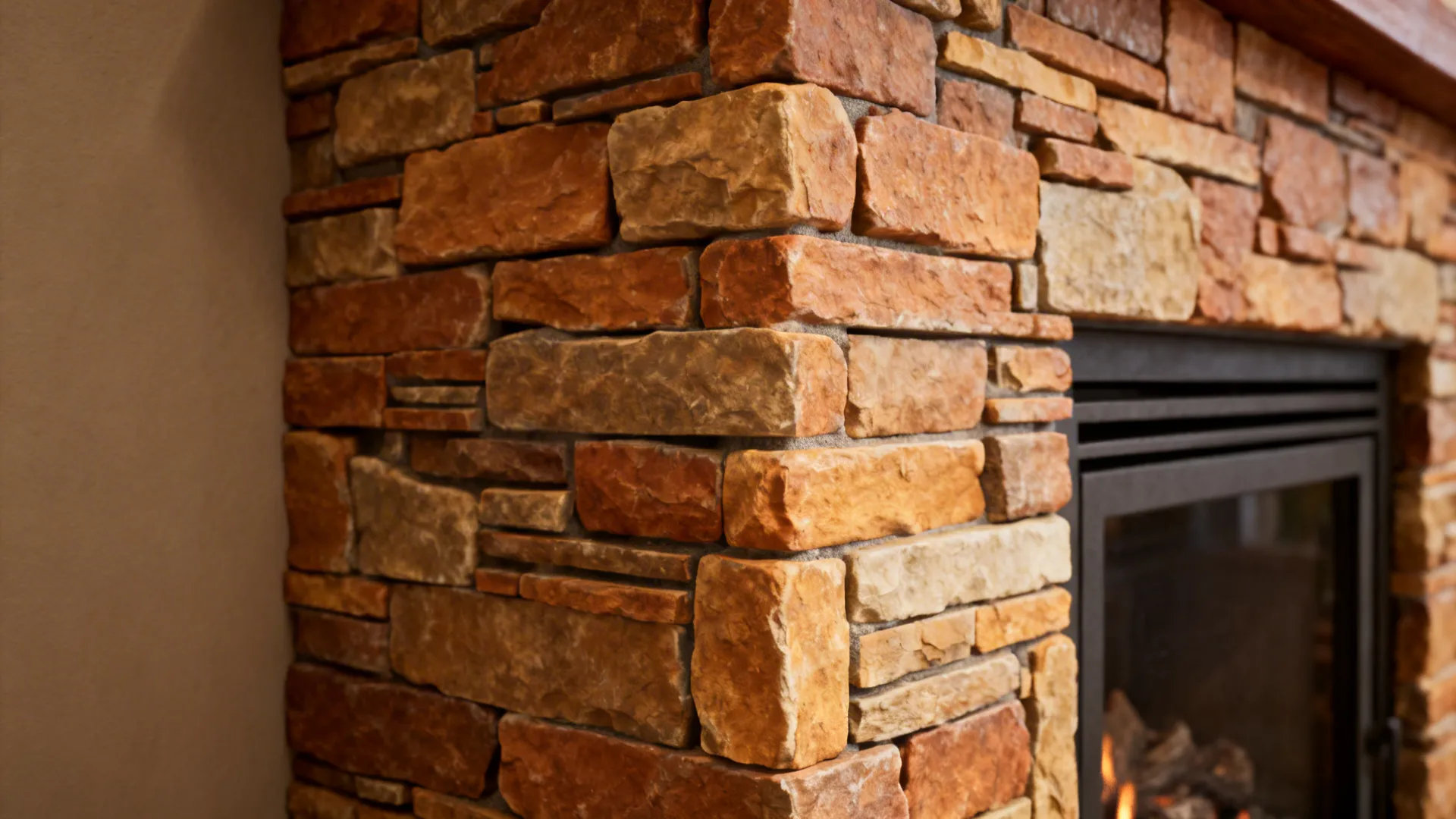 Rustic fireplace surround featuring stacked natural brown stone bricks and a black metal fireplace corner