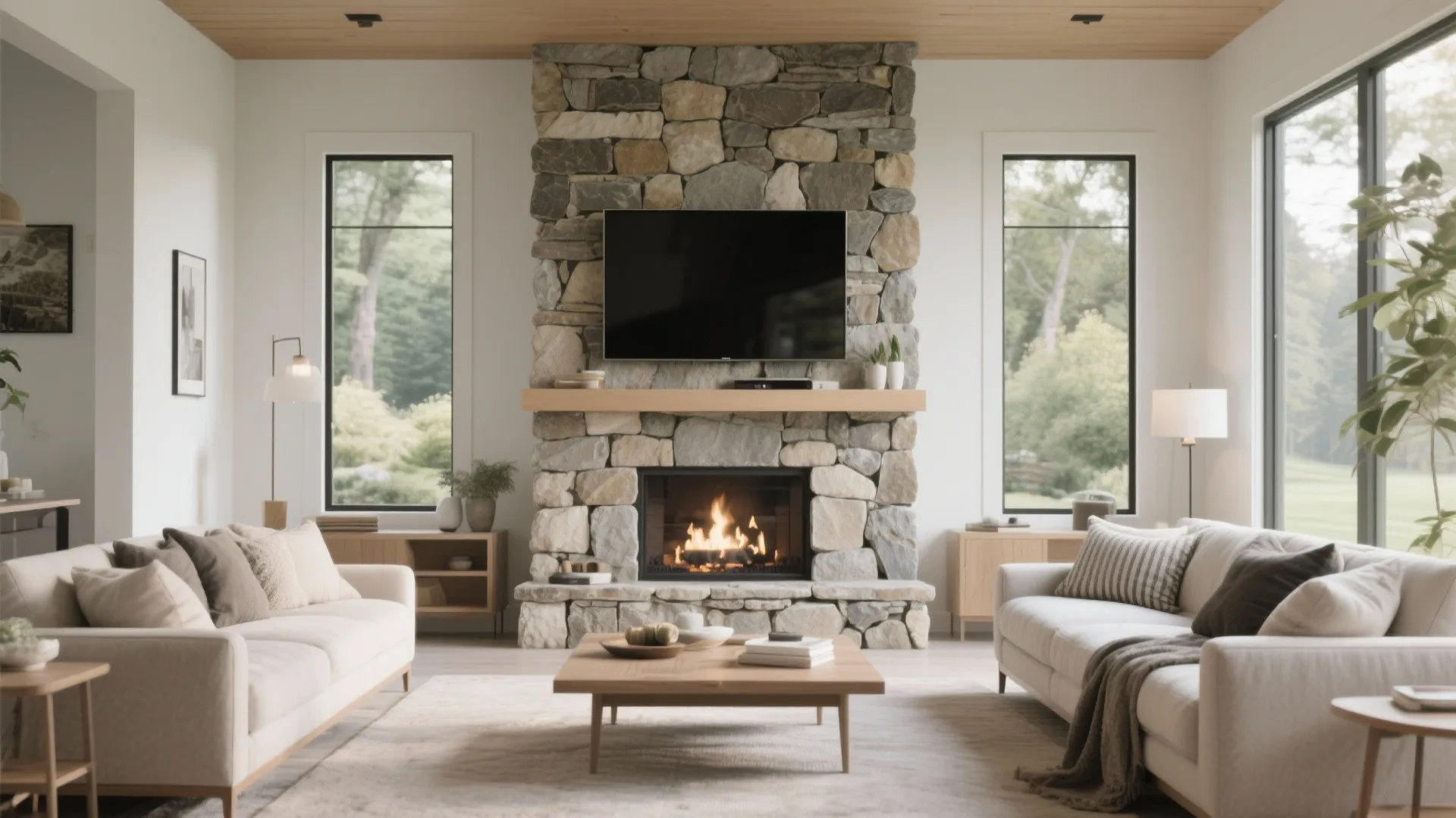 Modern living room with stone surround fireplace and wall-mounted TV