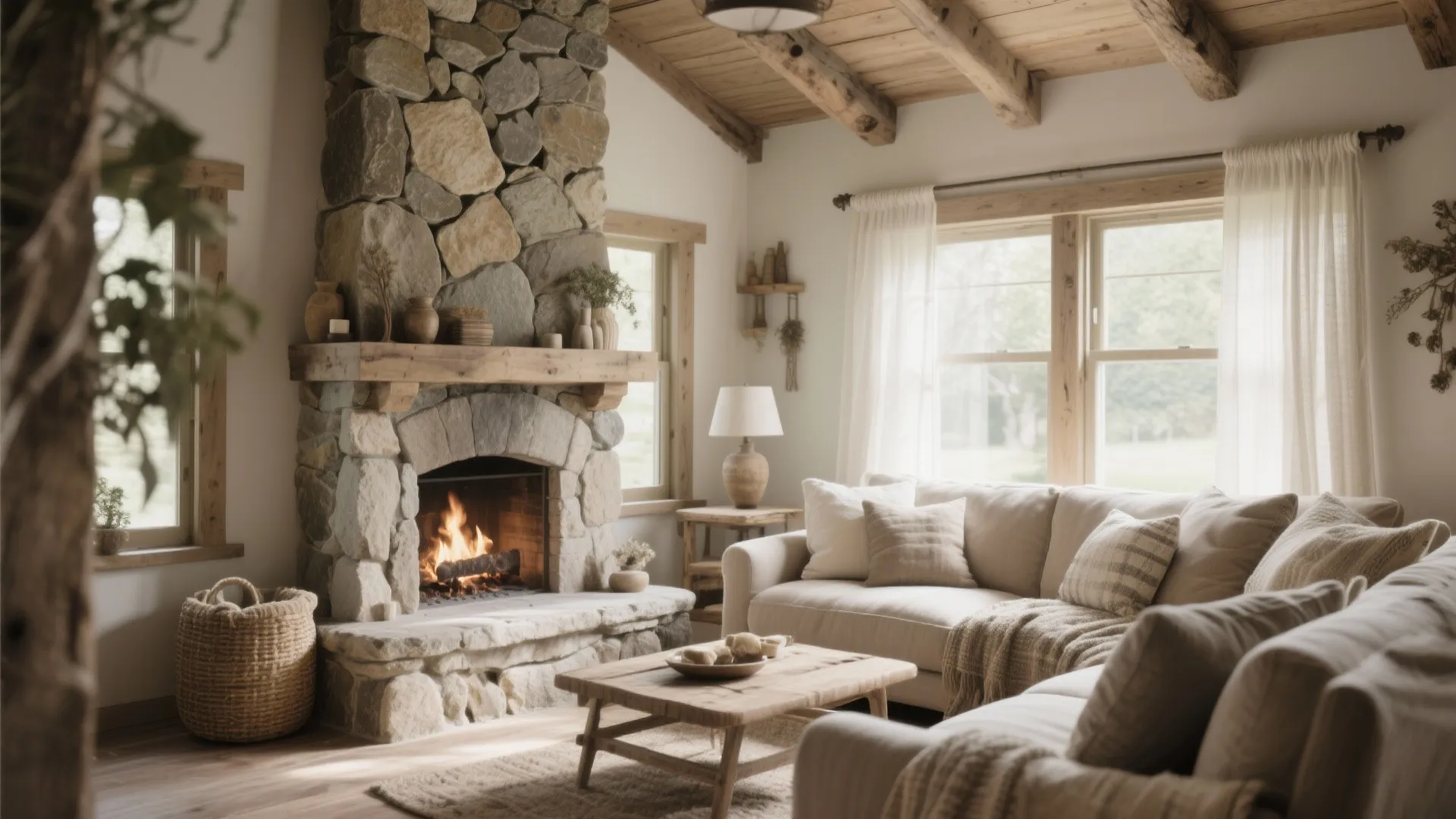 Rustic living room featuring large stone fireplace wooden beamed ceiling cream sofa and light wood table