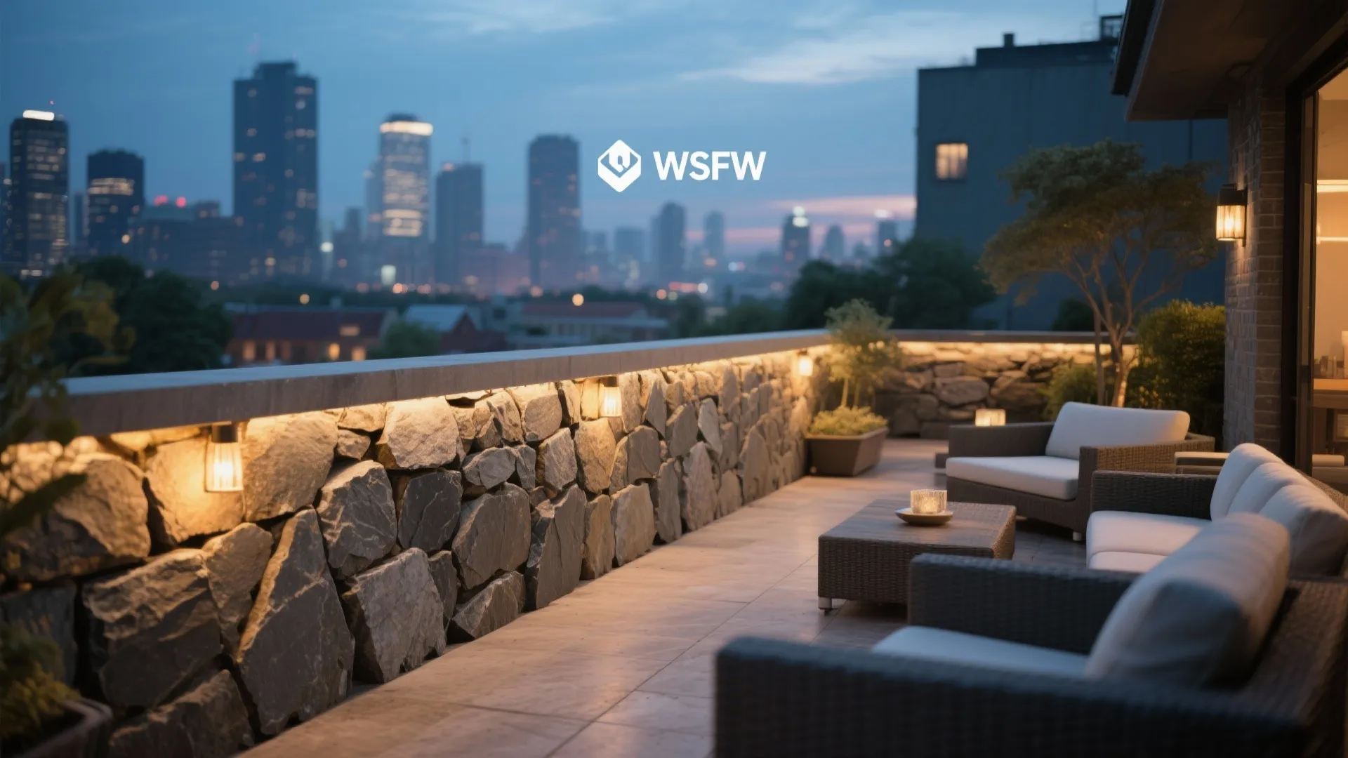 Outdoor terrace with stone wall wall lights comfortable wicker sofas coffee table and city skyline