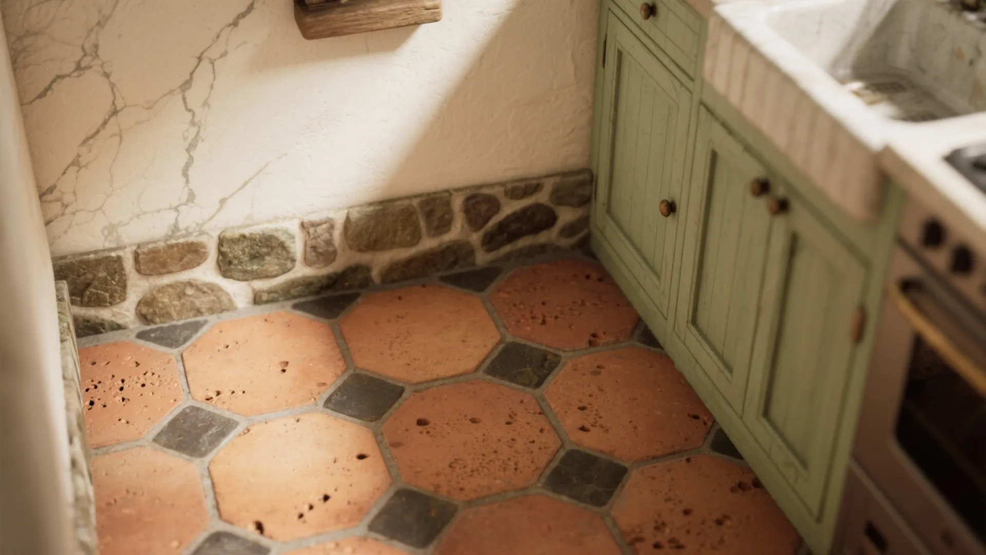 Stone accents and terracotta warmth