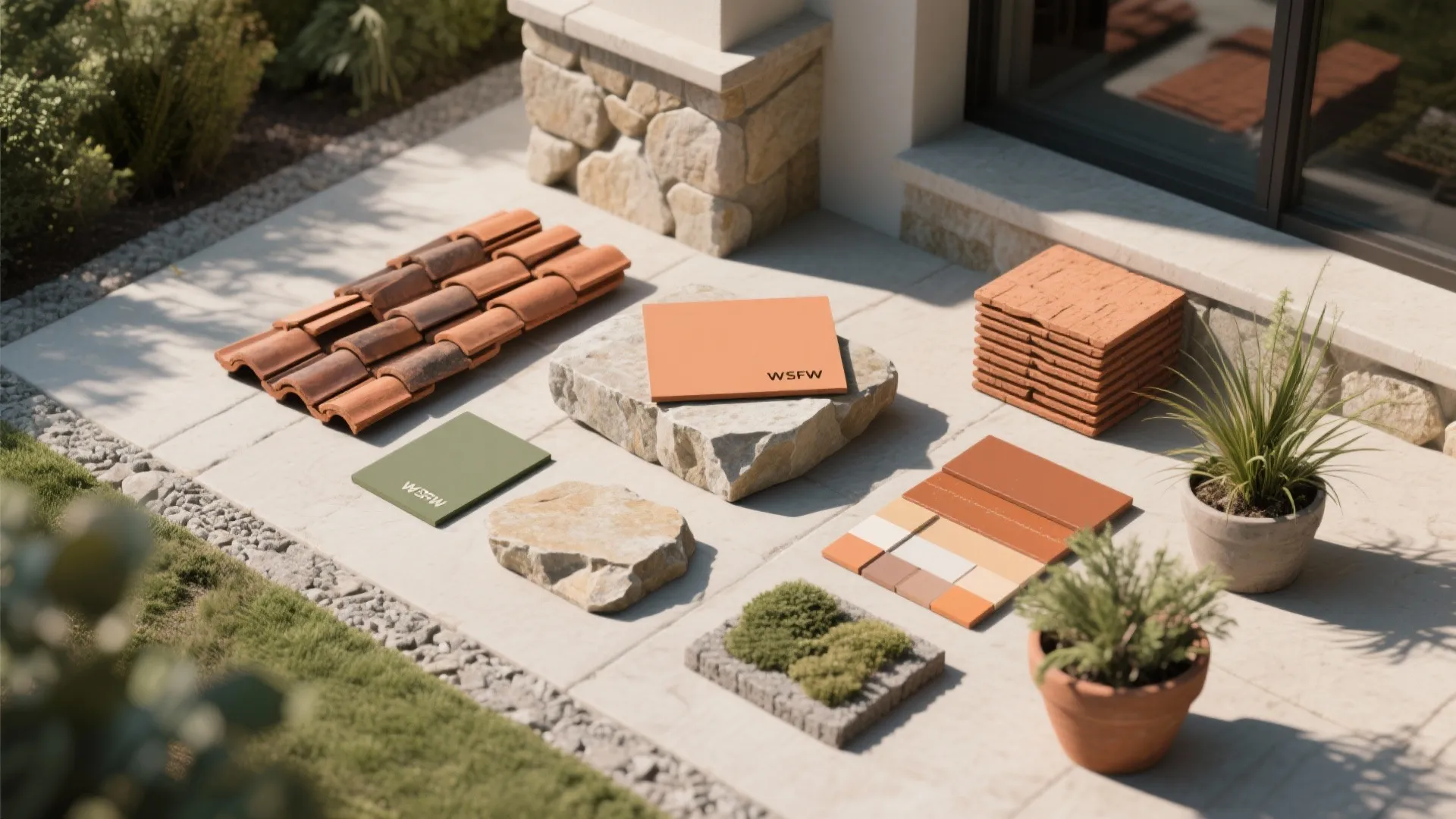 Outdoor patio showing roof tiles, natural stones, various color samples, and small green potted plants