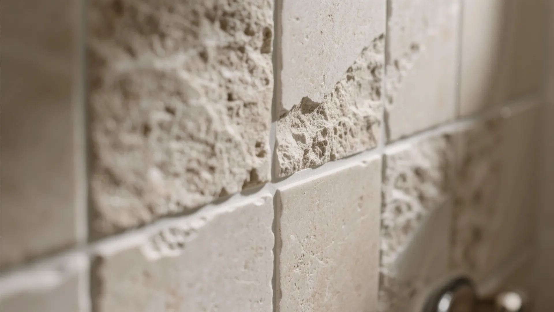 Macro detail of textured stone-look porcelain bathroom tiles with a soft matte finish