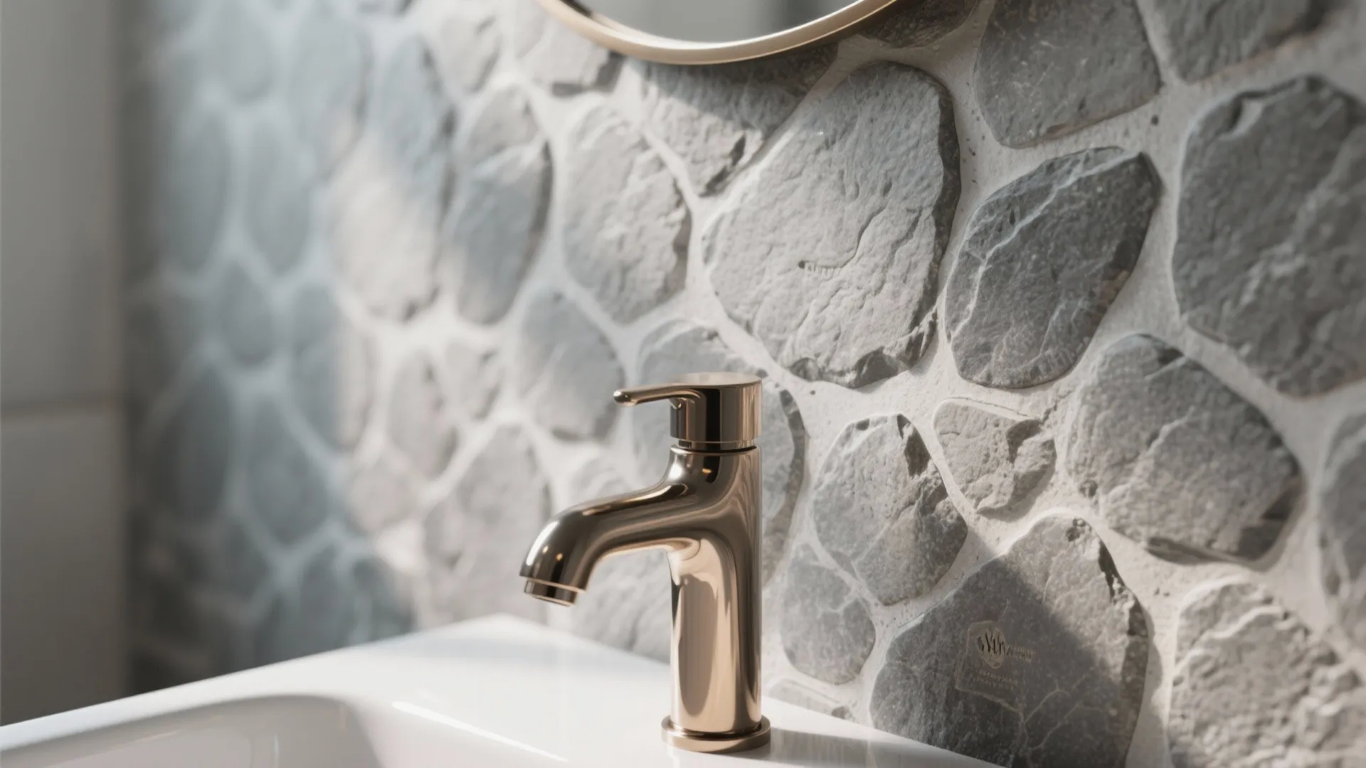 Macro view of stone-look grey wallpaper with warm metallic faucet reflection