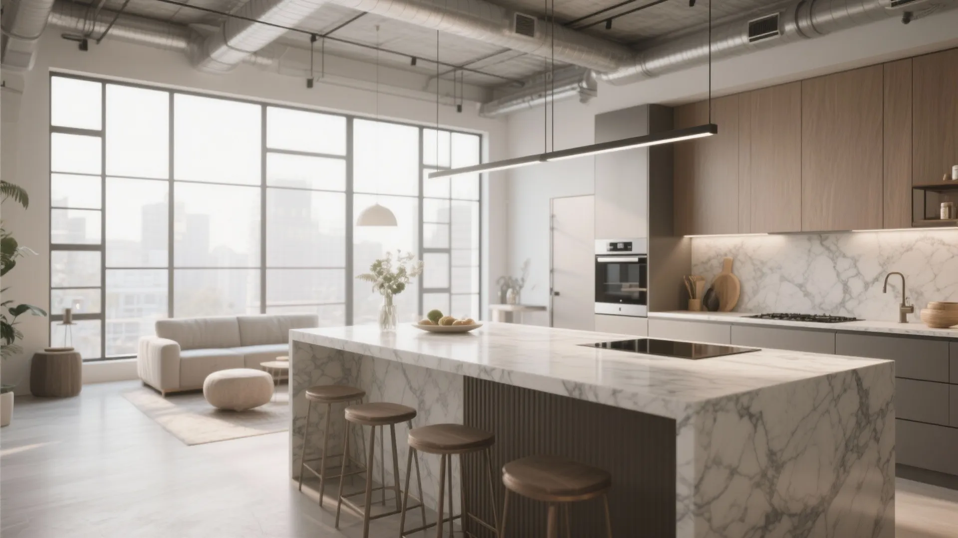 Open loft kitchen with matte marble island