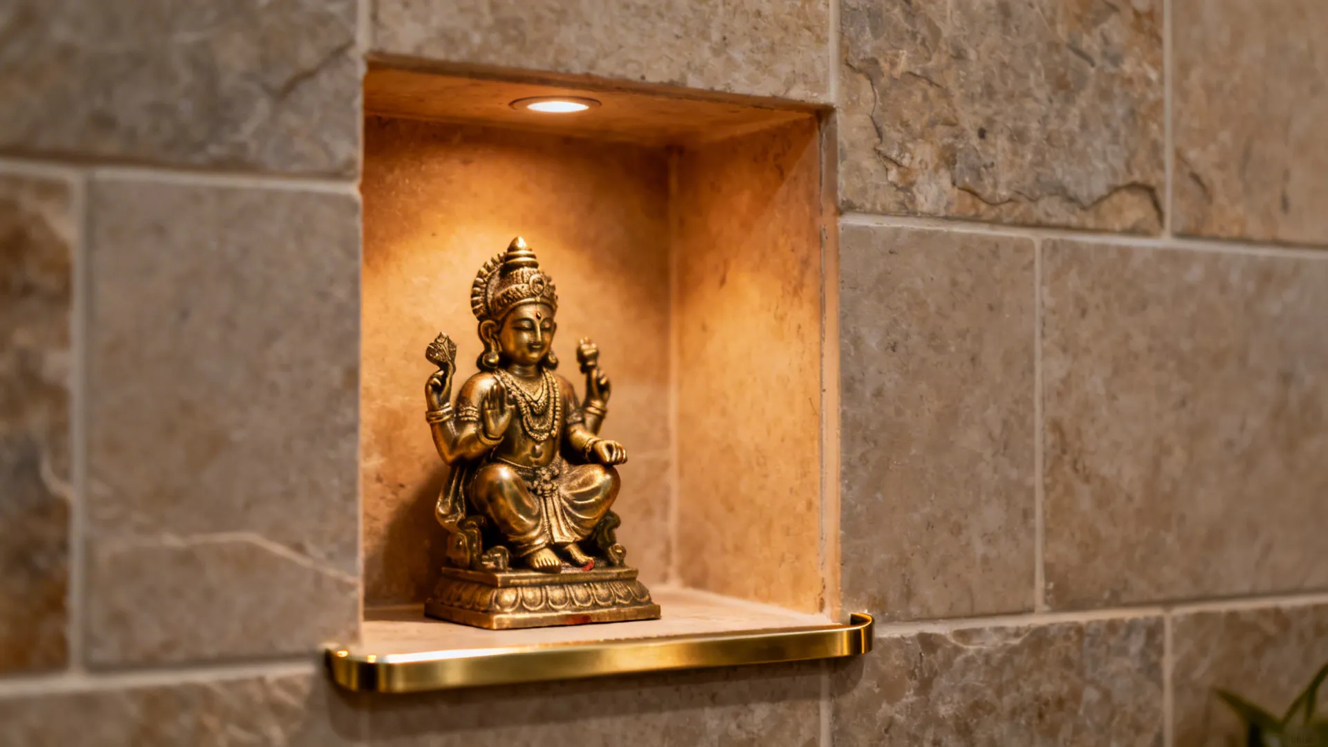 Macro of textured stone tile and brass idol detail with warm edge lighting.
