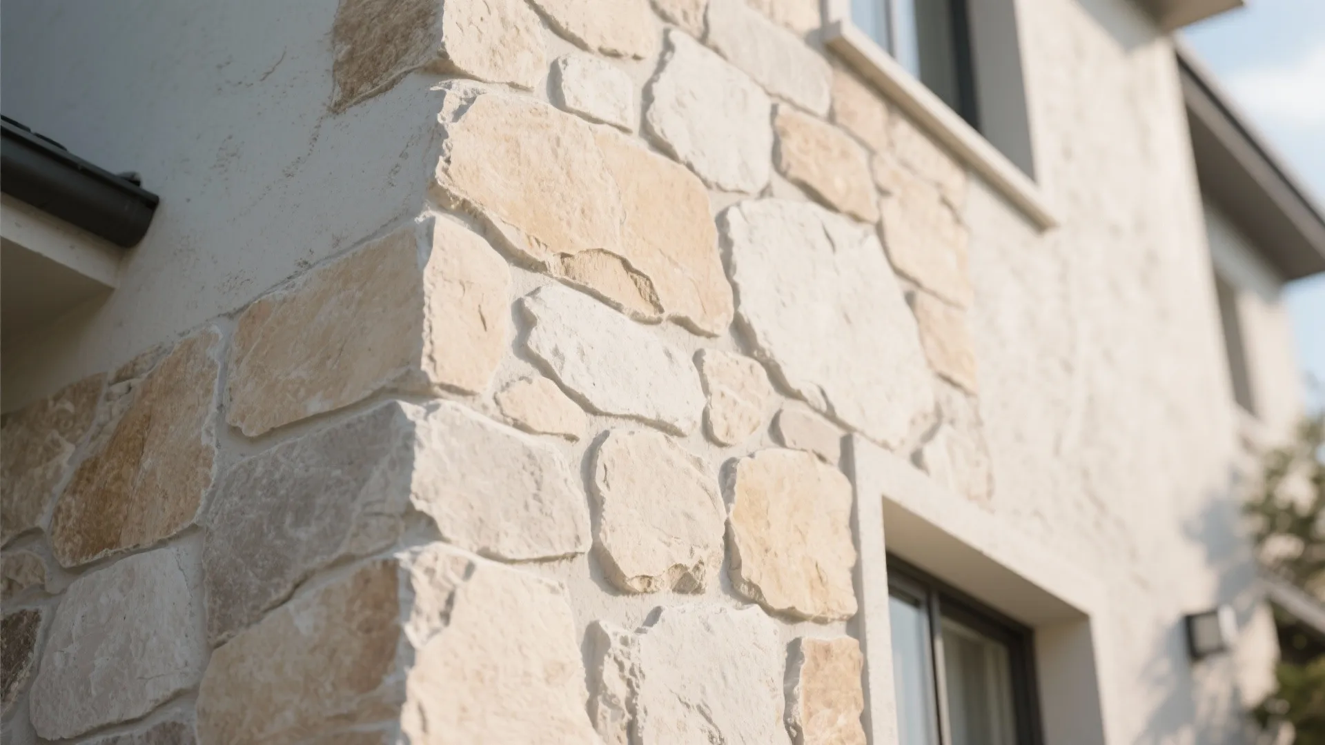 Close up view of house corner featuring light colored stone wall texture and white windows