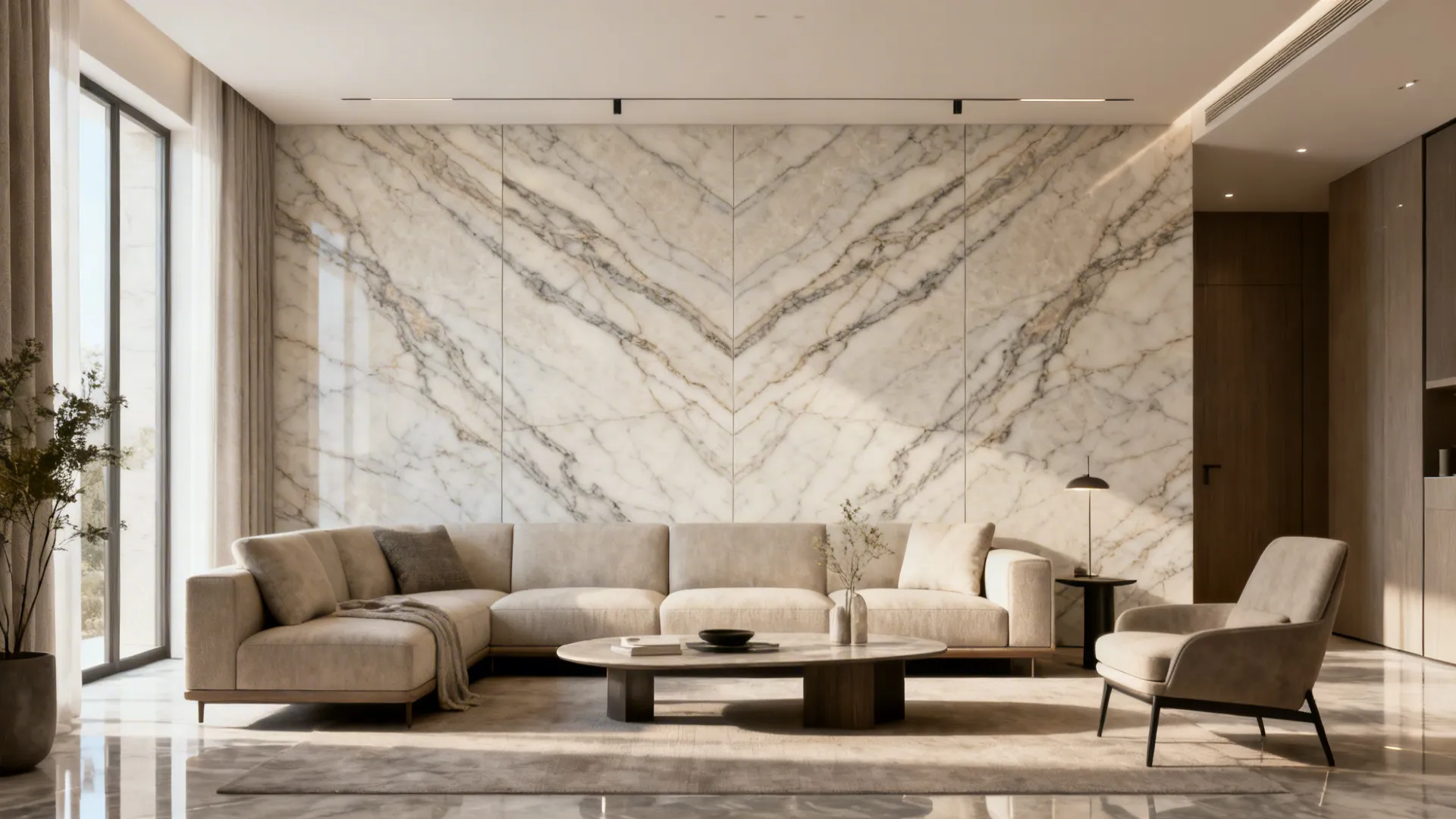 Book-matched porcelain slab wall with matte finish behind a sofa in a modern living room.