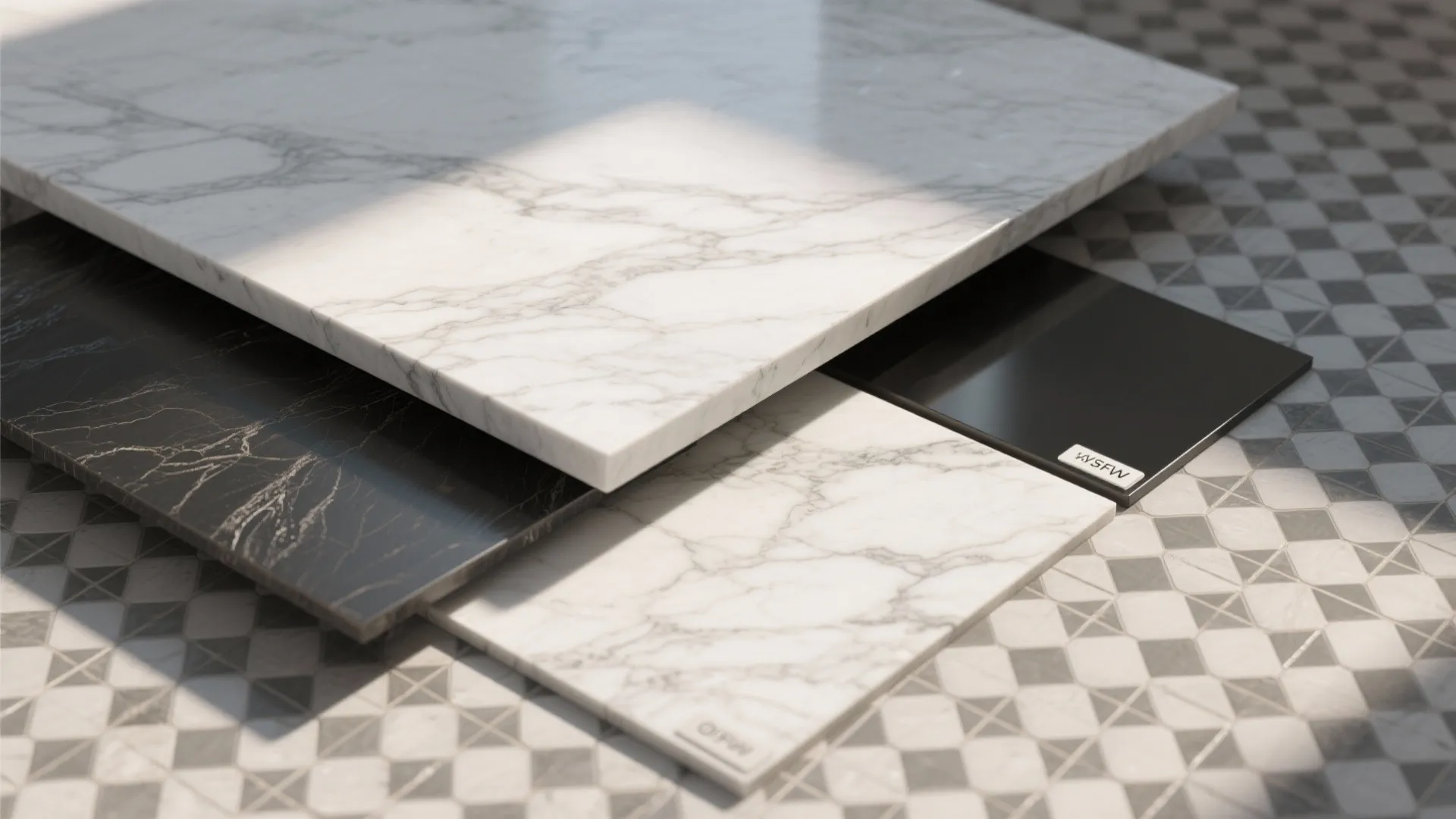 3. Layer textures: stone countertops and patterned tiles