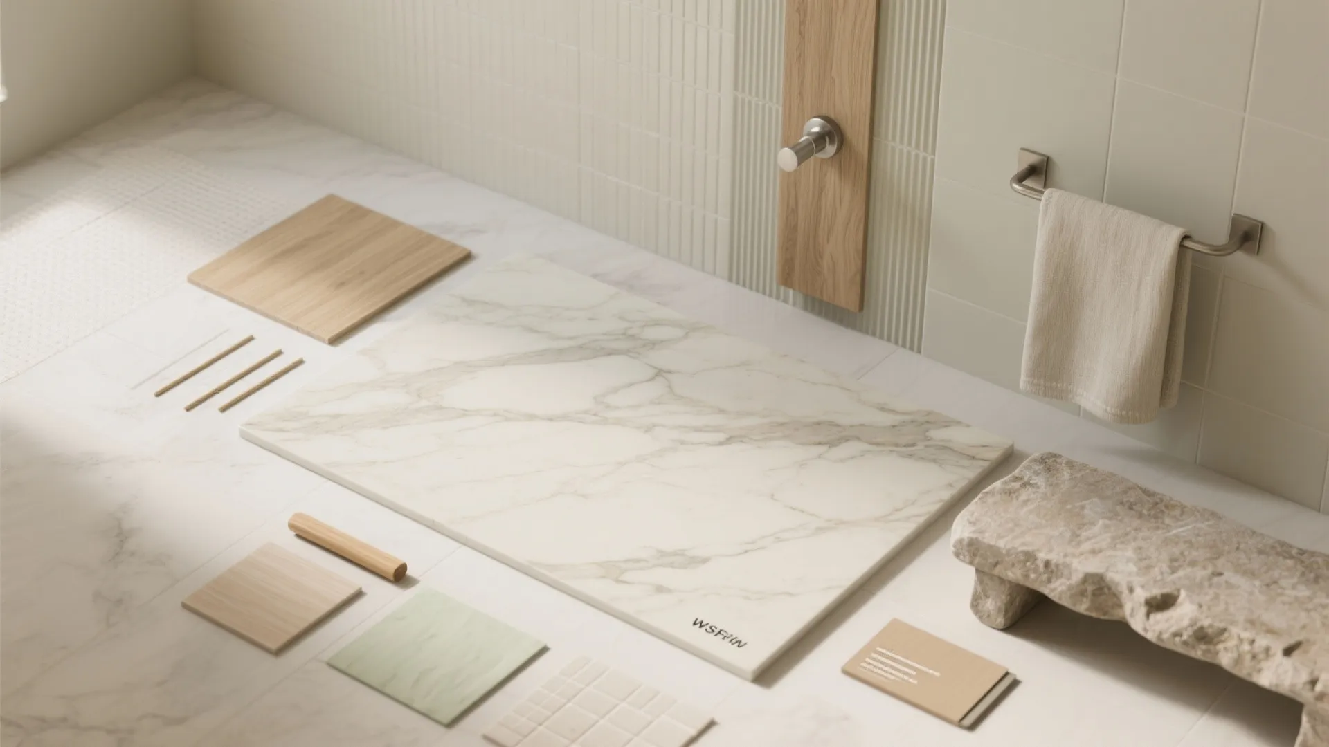 Modern bathroom material board with white marble slab wood tiles green samples and beige wall tiles
