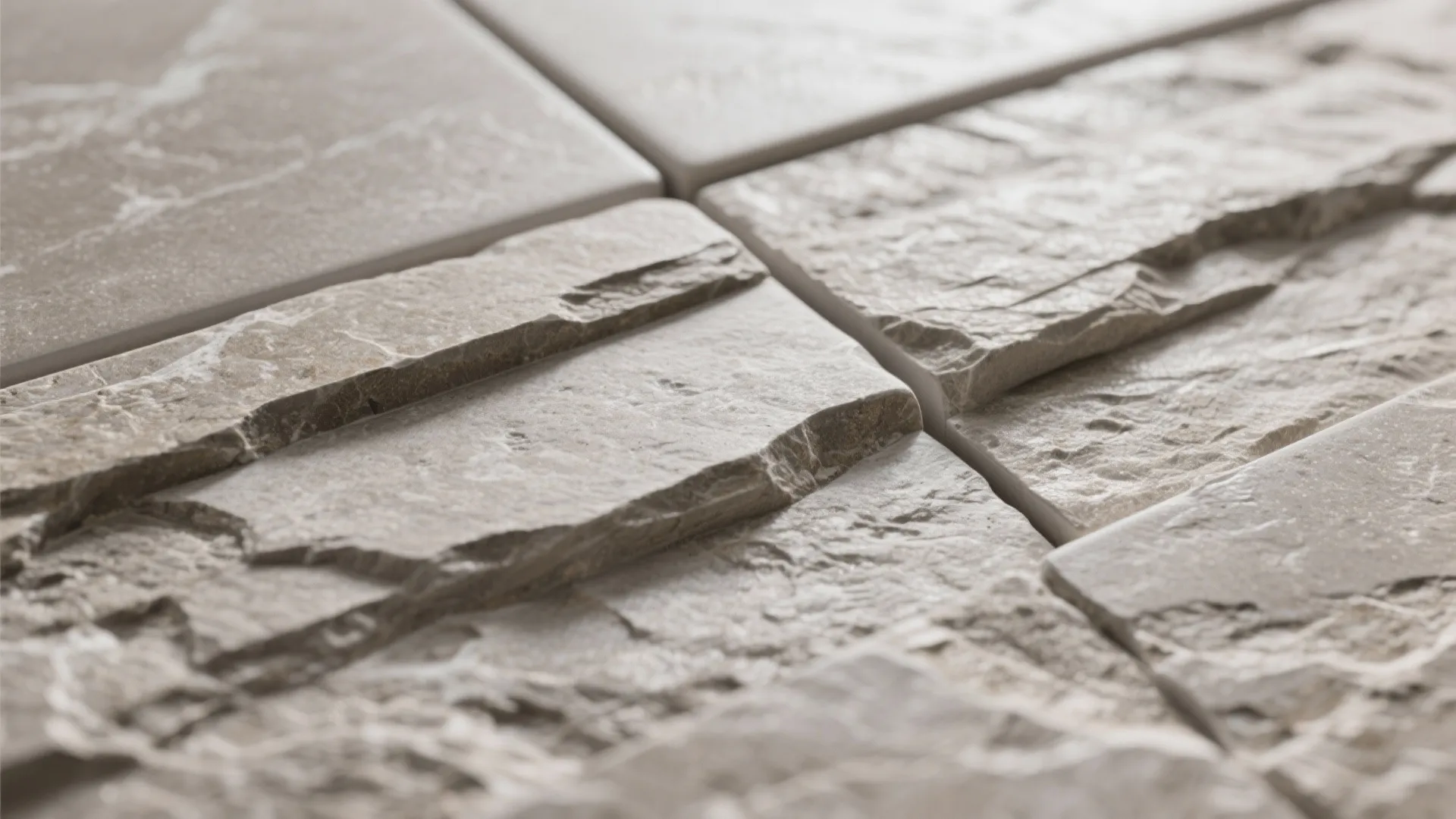 Close up view of natural beige stone wall tiles with rough textured surface and marble patterns