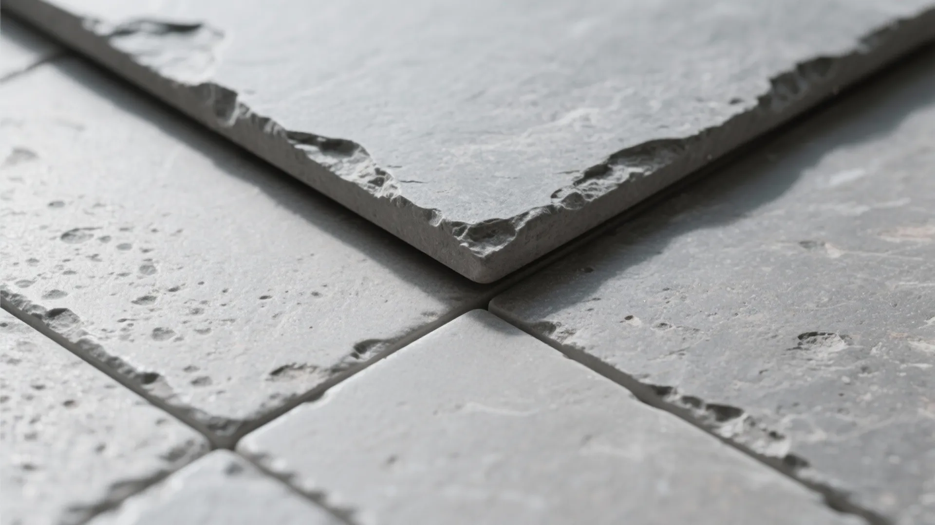 Close up of grey stone tiles with rough edges and textured surface for room floor