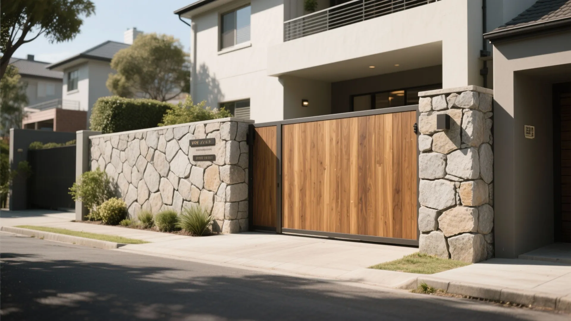 Textured Stone Veneer Wall + Solid Timber Gate