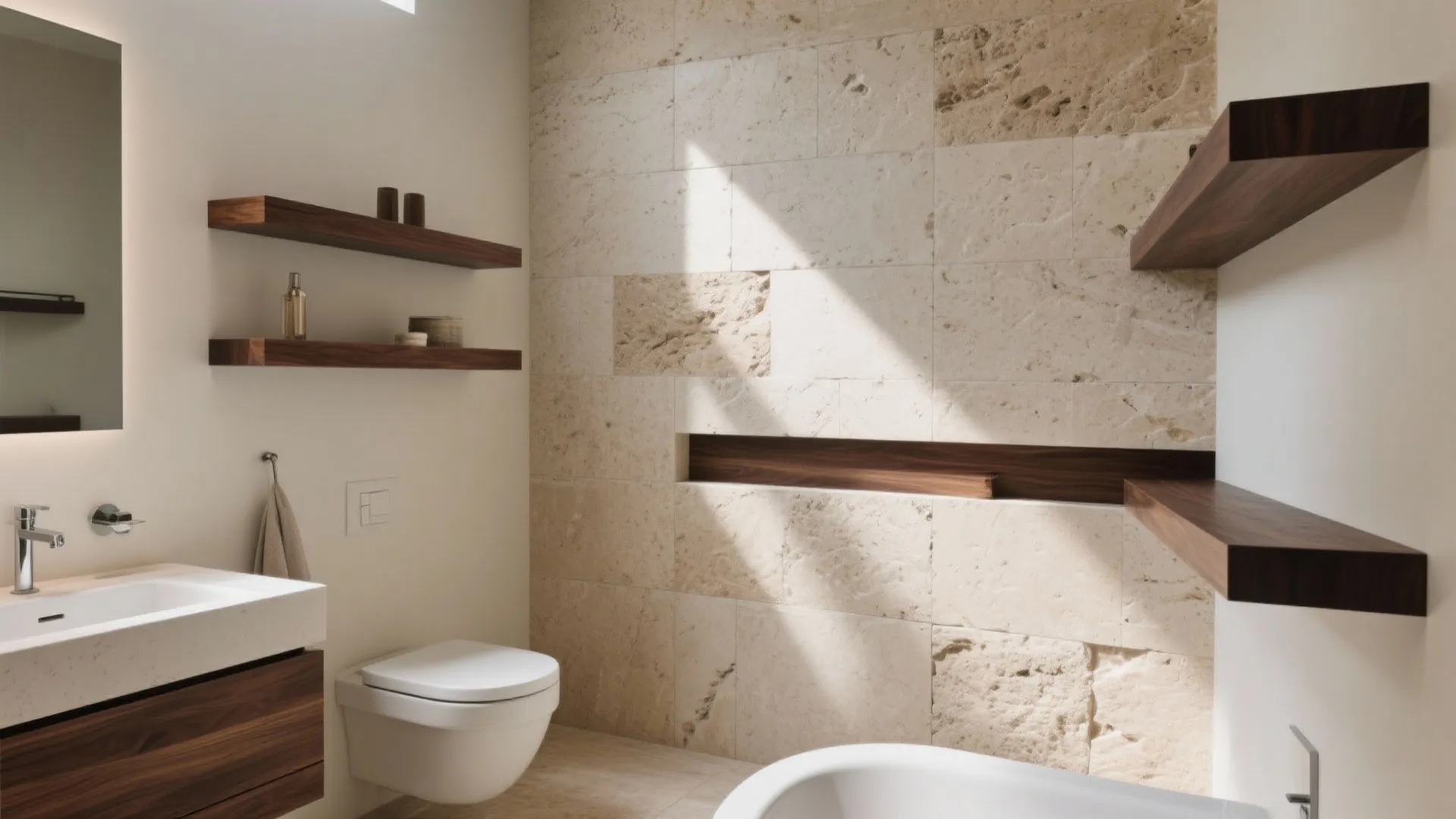 Modern bathroom with beige stone wall wooden floating shelves white toilet sink and bathtub corner