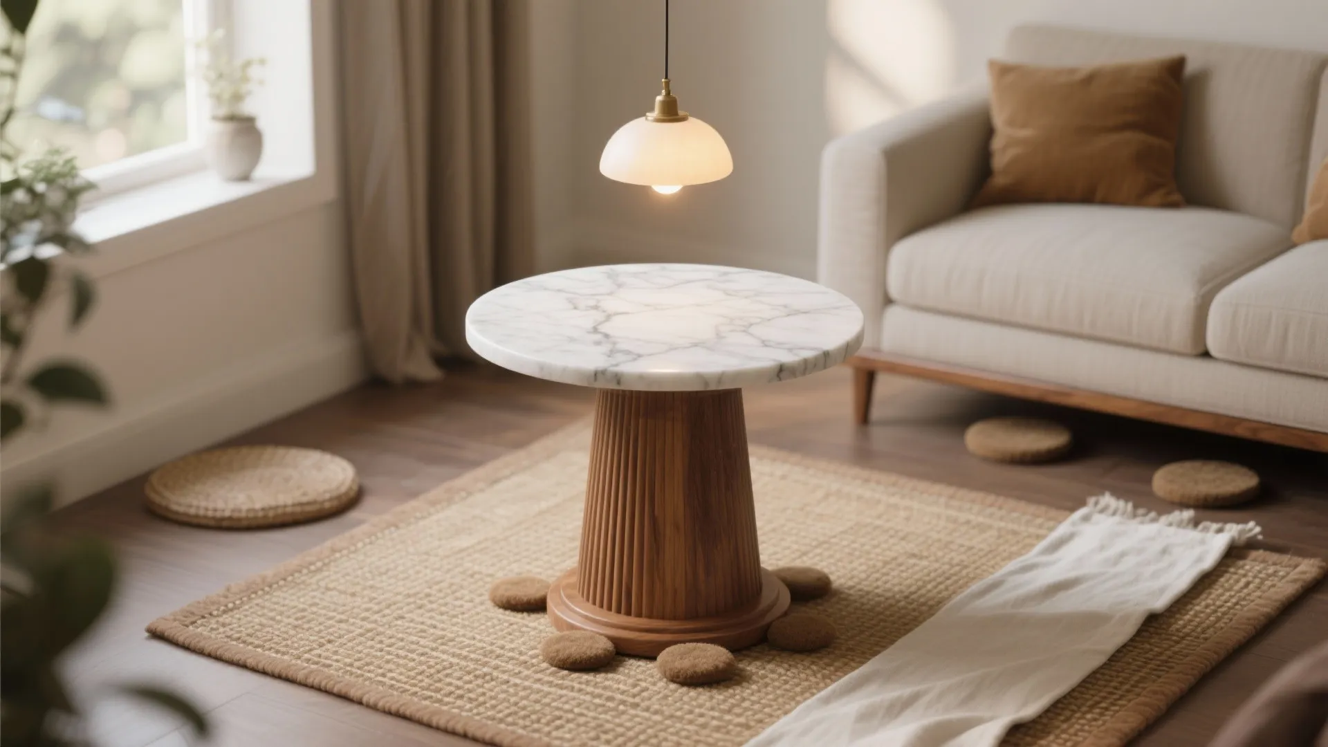 Compact marble-top pooja pedestal with ribbed wood base and subtle pendant glow.