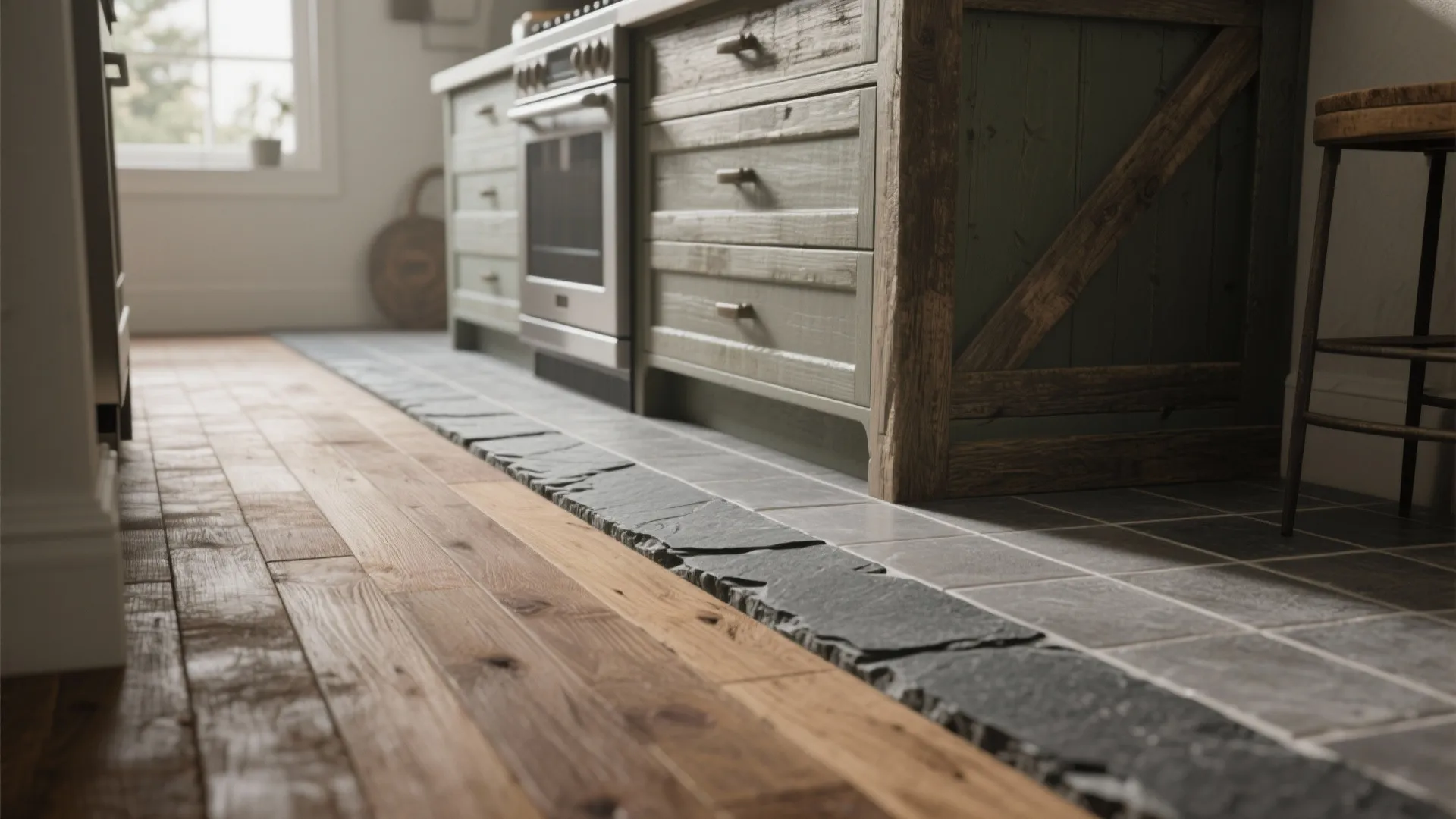 Kitchen floor transition showing wood planks and grey tiles separated by a rough natural stone