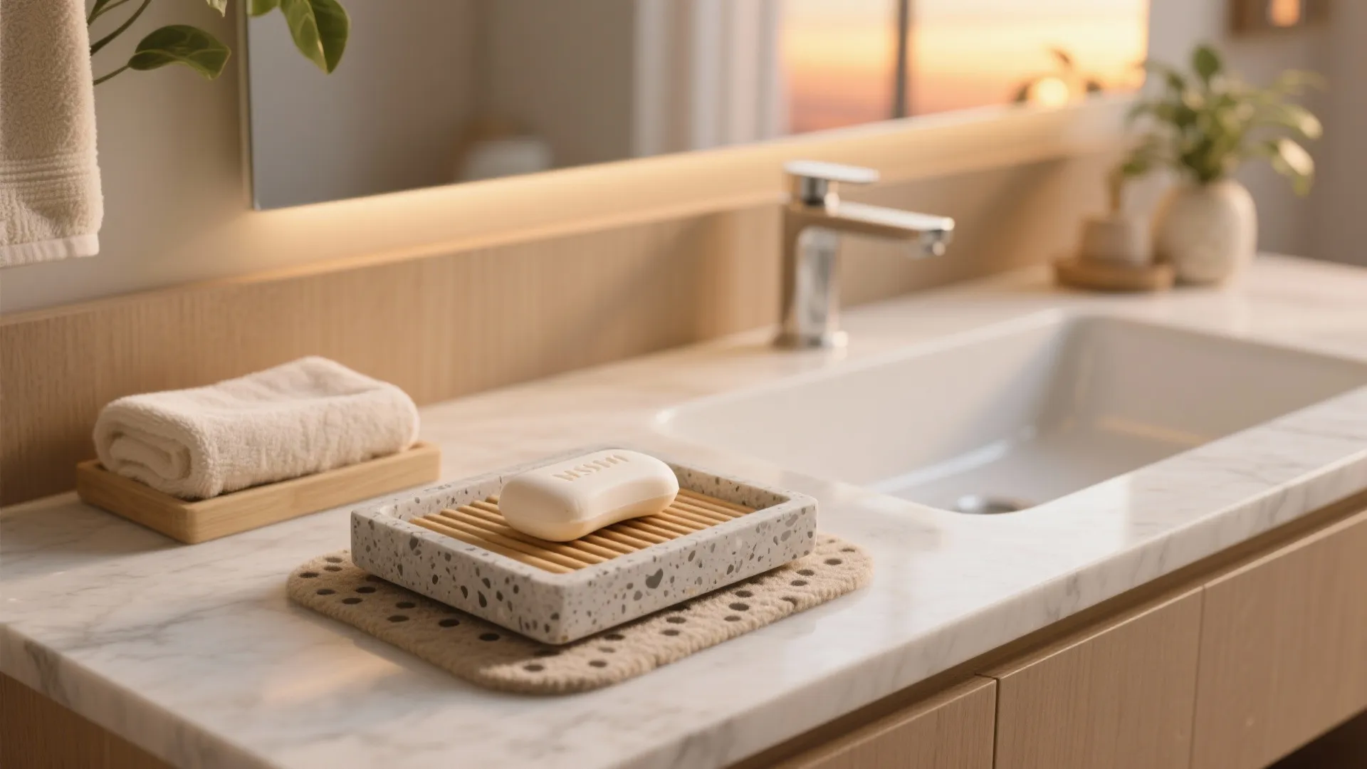Honed stone or terrazzo tray soap holder on a quartz vanity with spa accents.