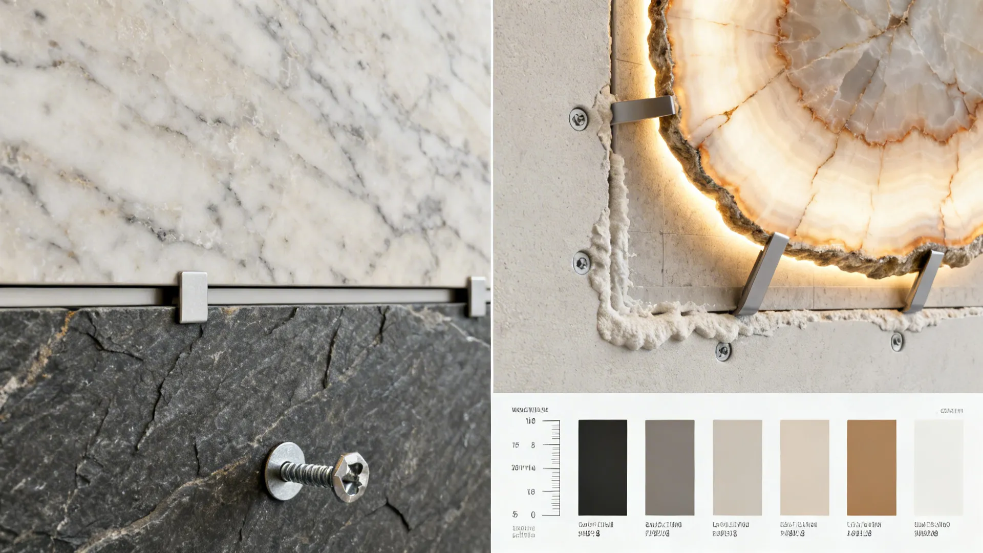 Collage of stone types, grout samples, and mounting details illustrating material choices and installation considerations.