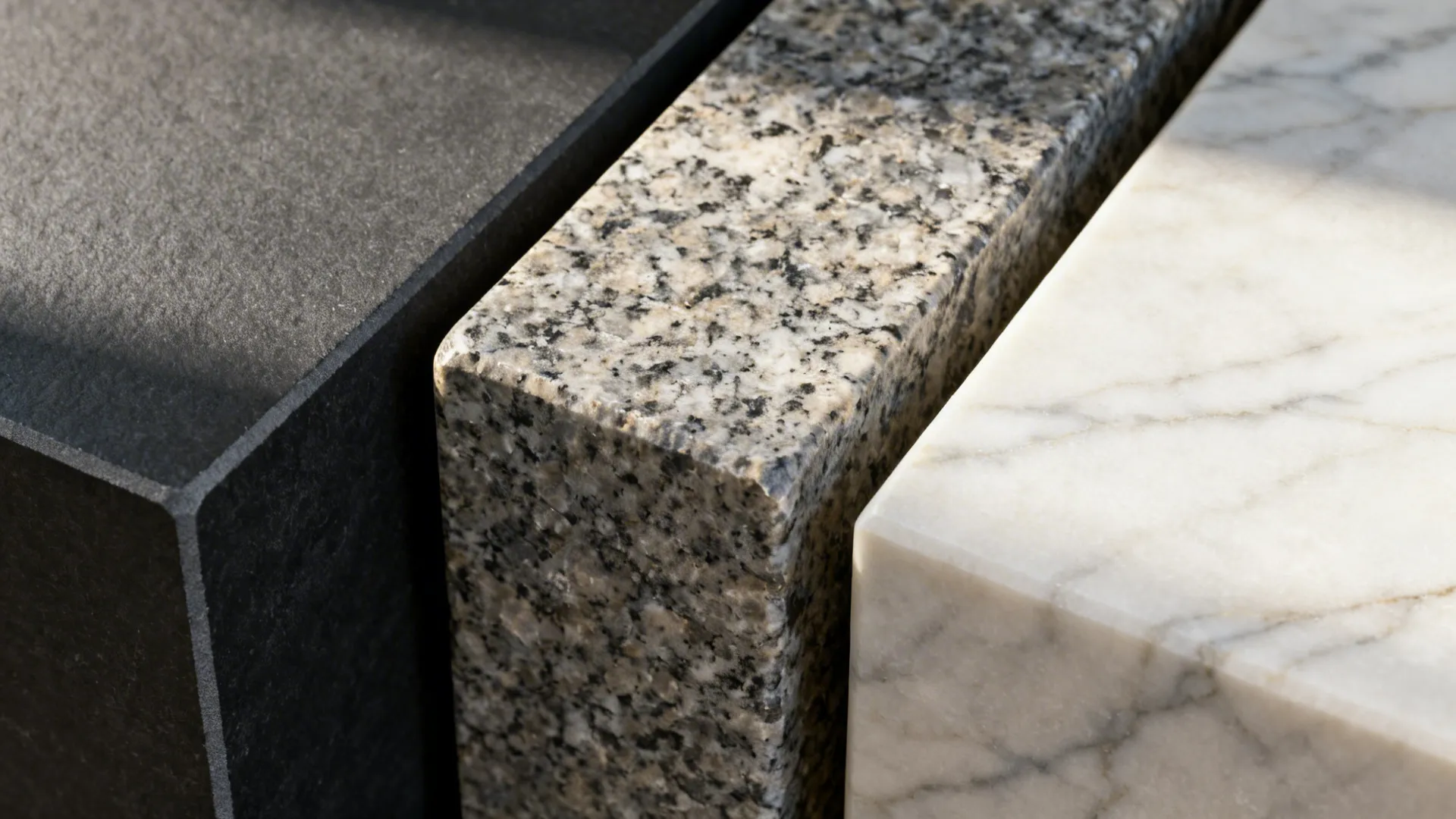 Macro of honed soapstone, granite crystals, and honed marble veining.