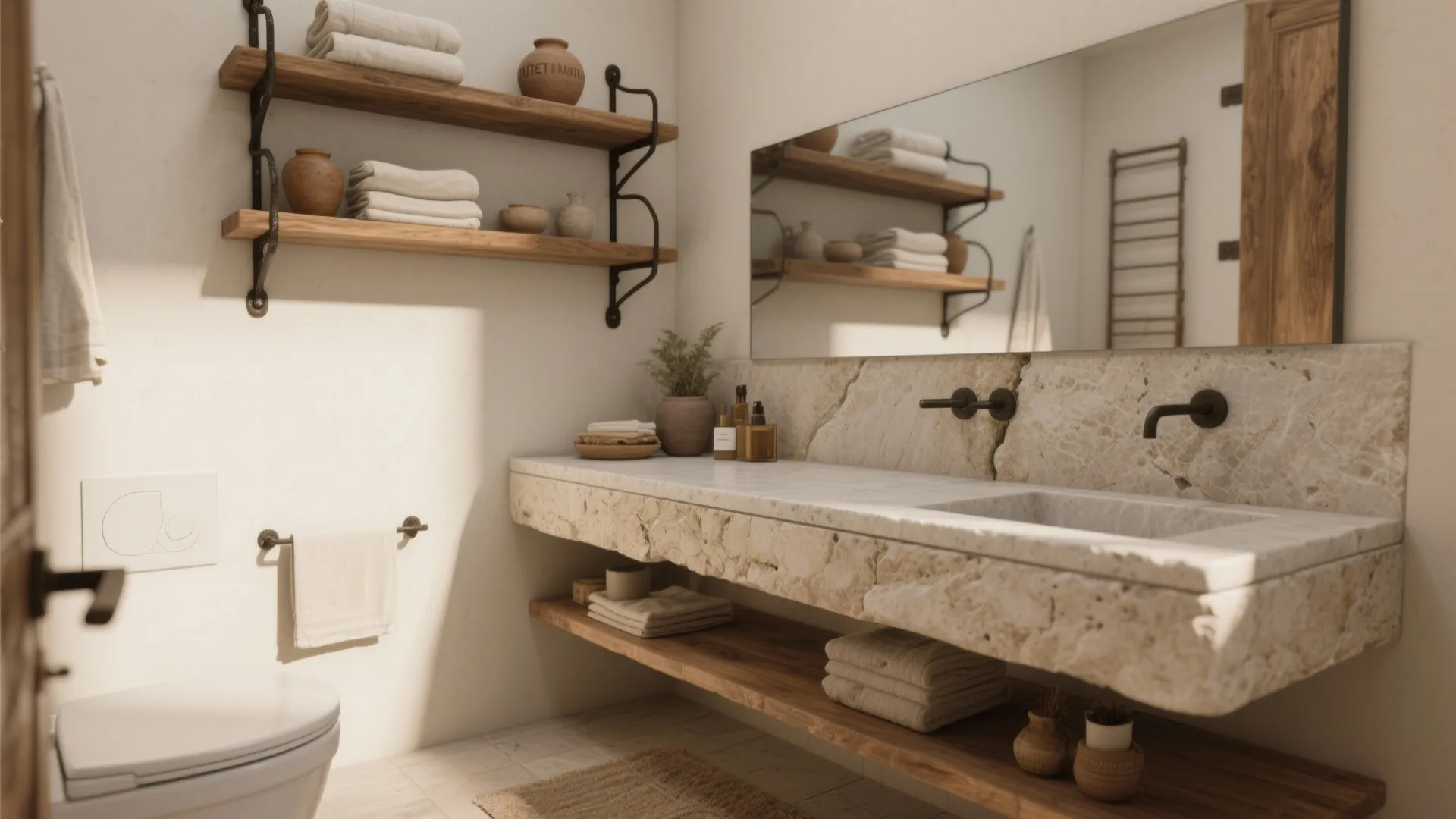 Idea 2: Slim stone-look vanity and open shelving