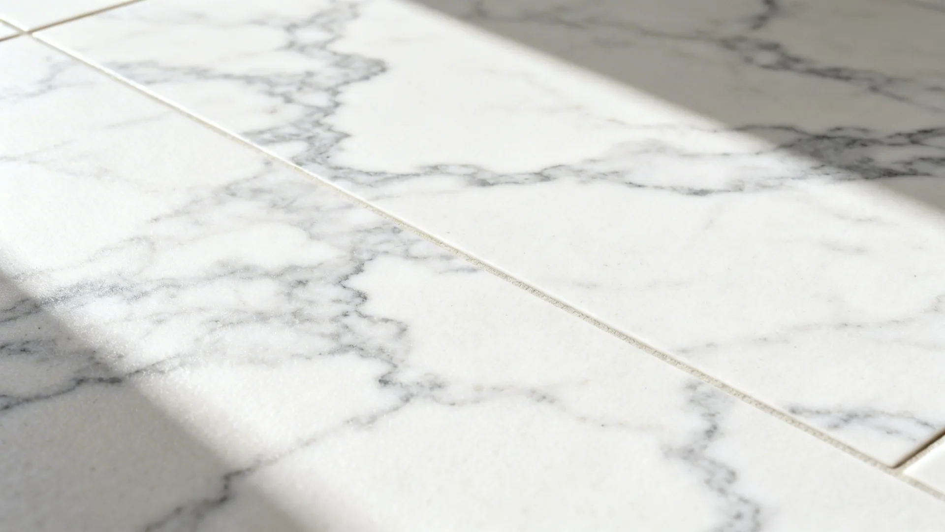 Macro of soft white stone-look porcelain with gentle veining.