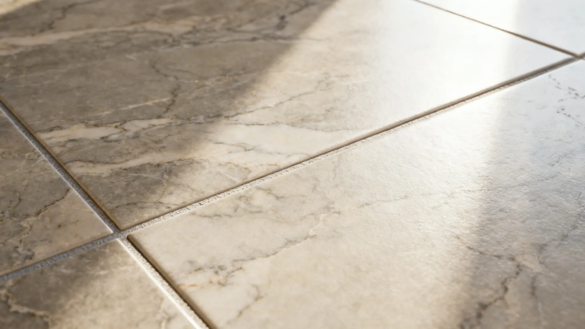 Close-up of greige marble-look porcelain with subtle veining and rectified edge in soft daylight.
