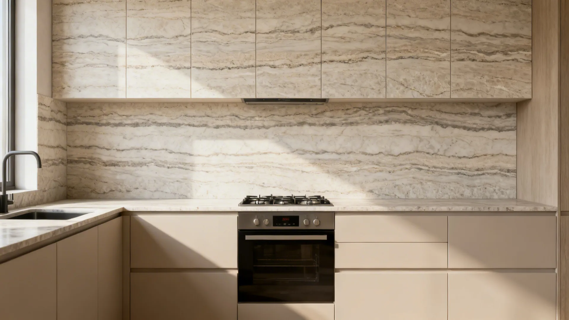 Large-format stone-look PVC with continuous veining aligned behind the range.
