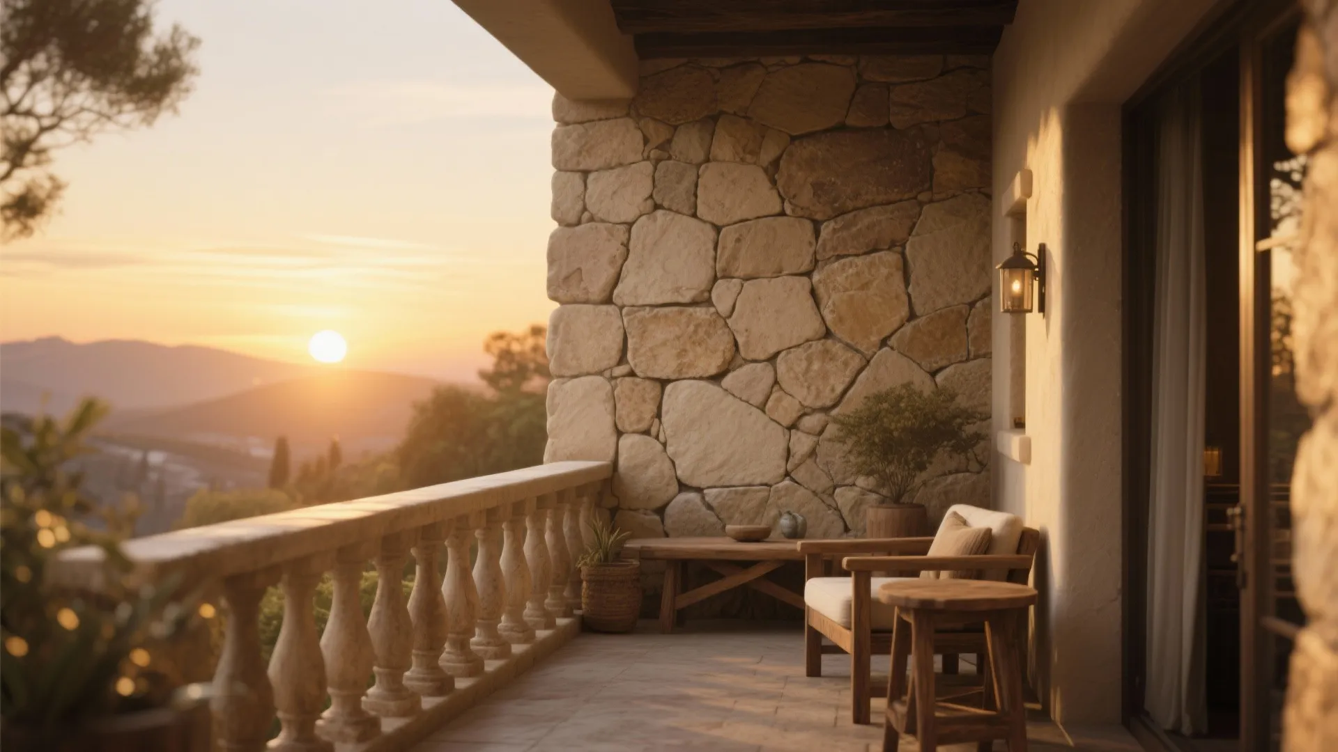 Stone wall balcony at sunset with stone railing wooden chairs side table and mountain view