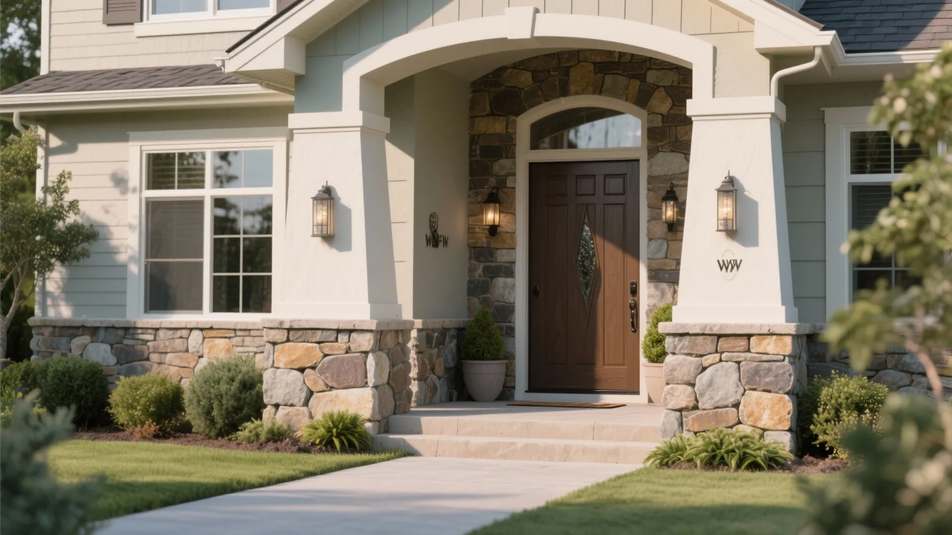 Home entrance with decorative stone veneer accents