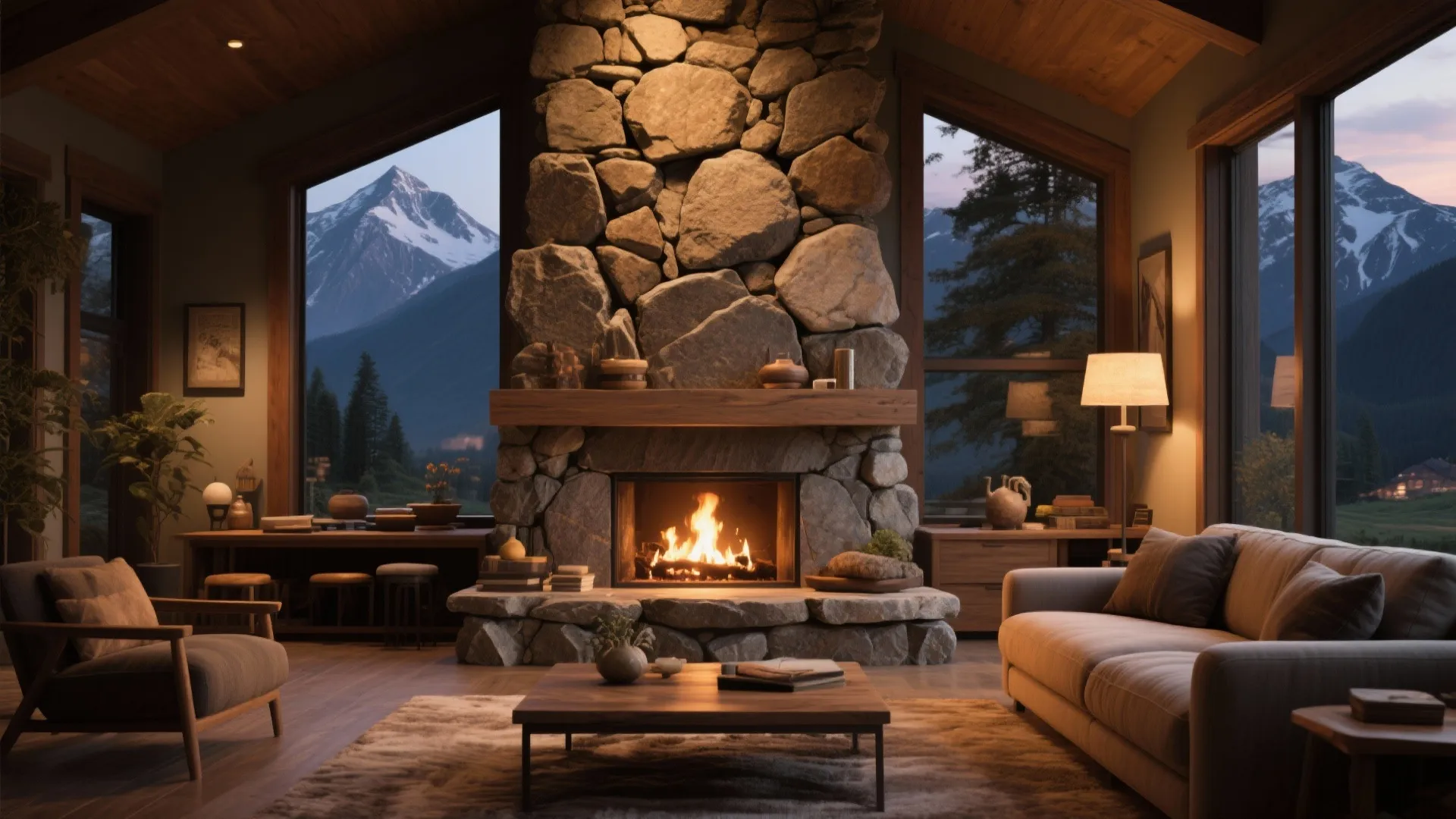 Living room with fireplace and textured stone veneer statement wall