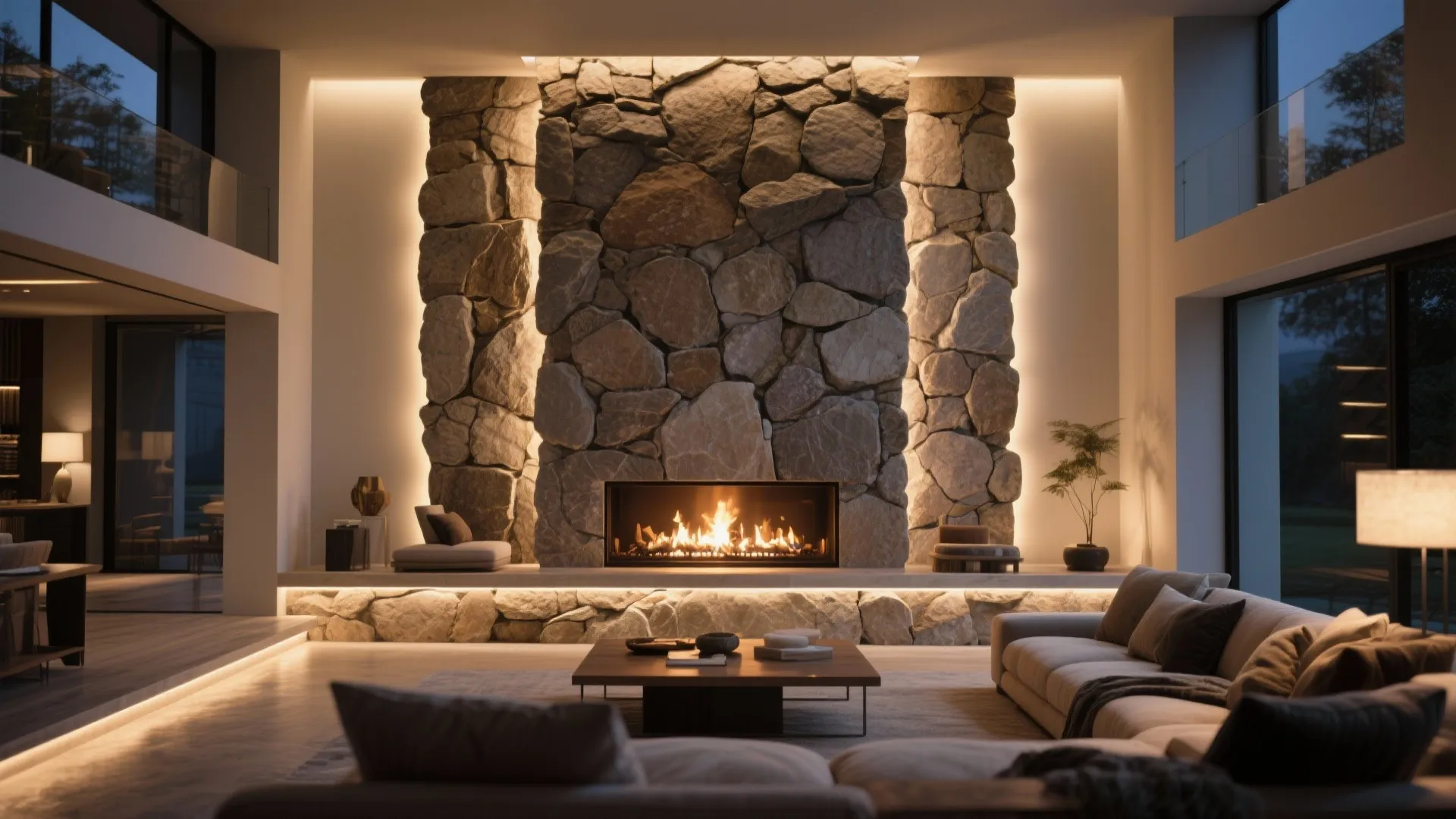 2. Full-height stone veneer with integrated lighting