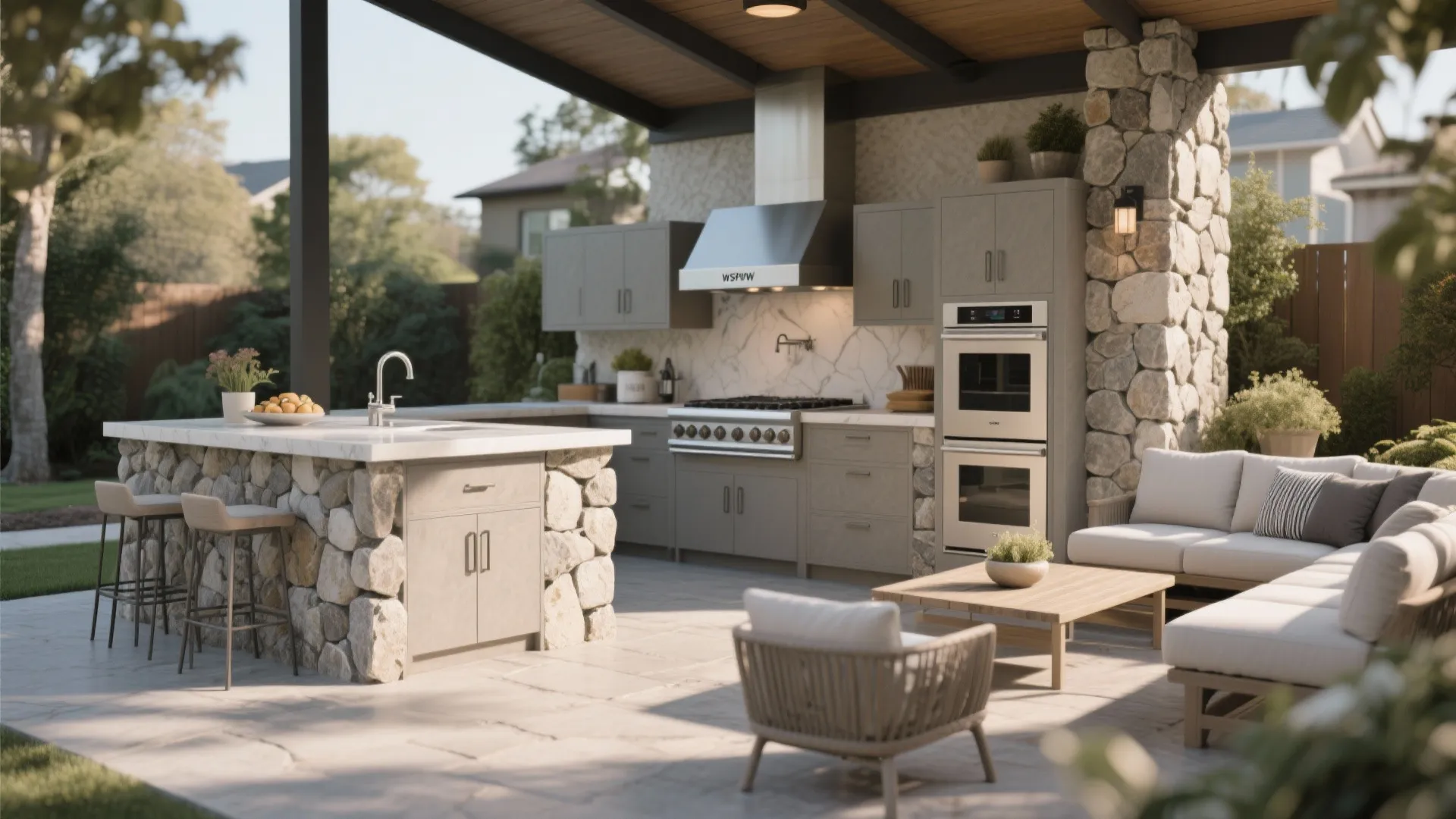Outdoor kitchen with stone veneer base and modern seating