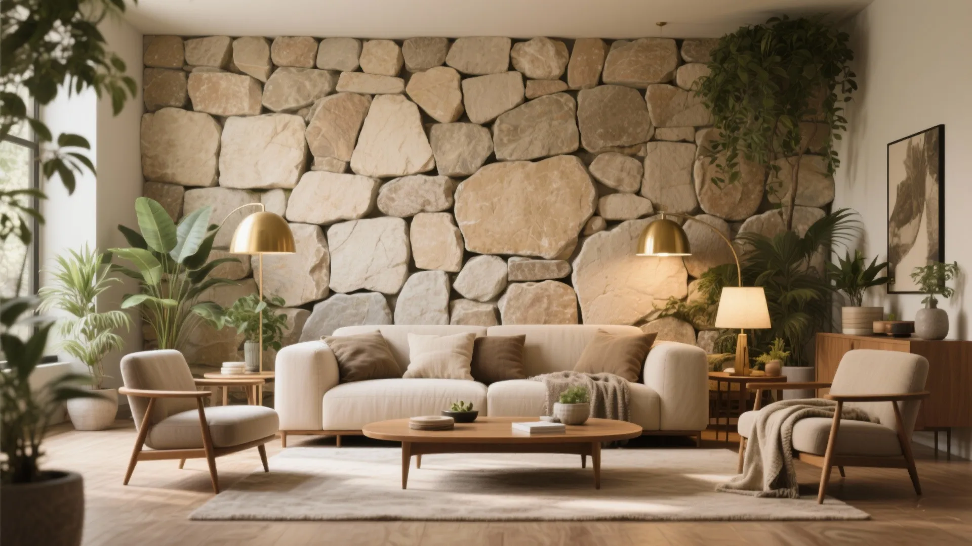 Cozy living room with natural stone wall panel white sofa wooden coffee table and plants