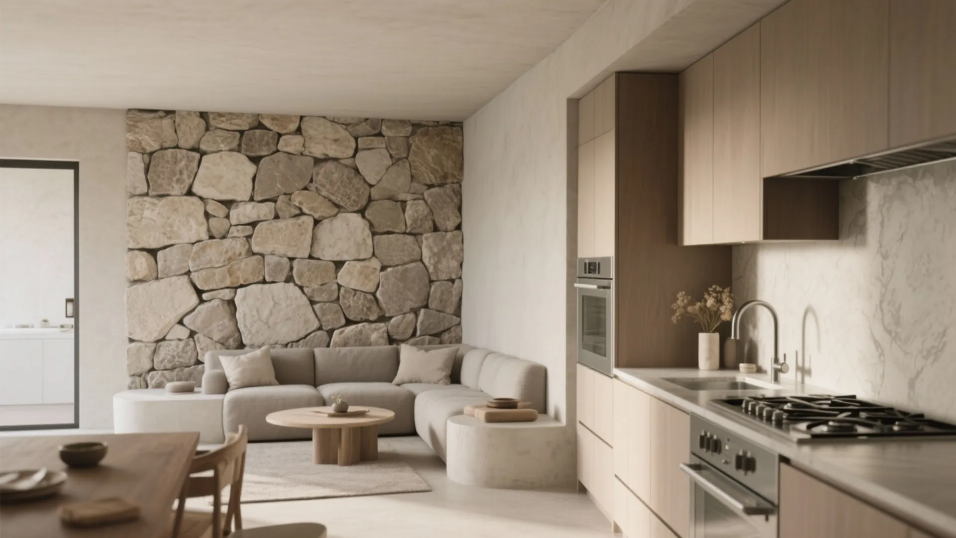 3) Stone Veneer and Micro-Cement for Grounded, Modern Rustic