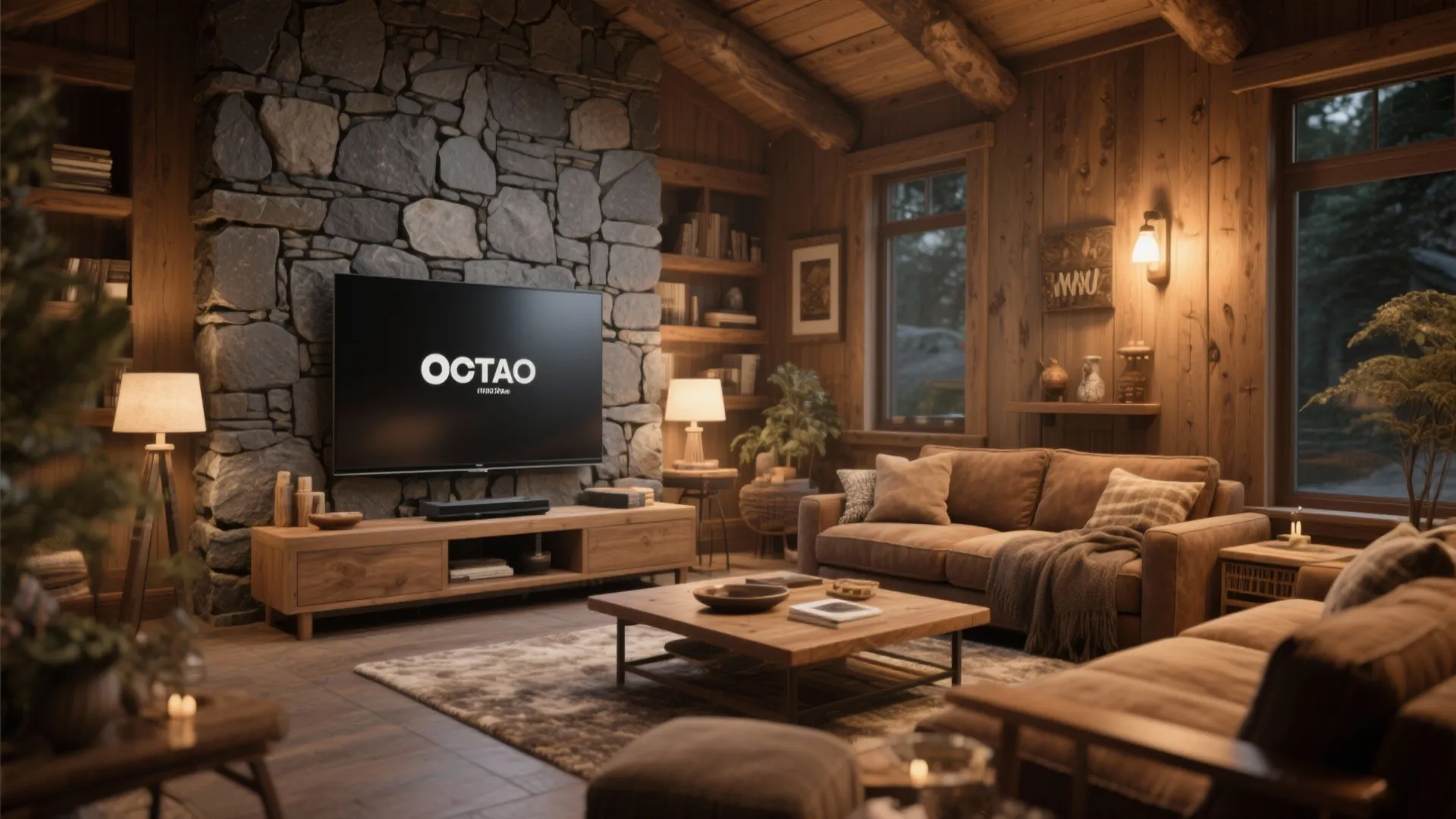 Cozy rustic living room featuring a stone wall wooden ceiling brown sofa and warm lighting
