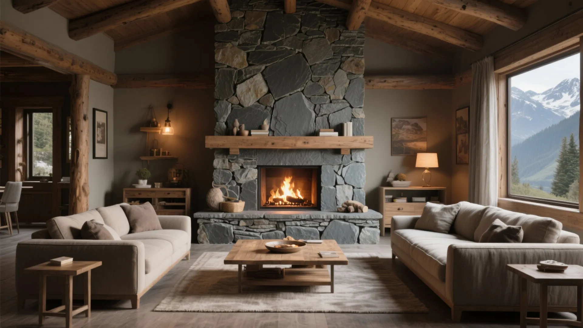Rustic living room with slate stone veneer statement wall
