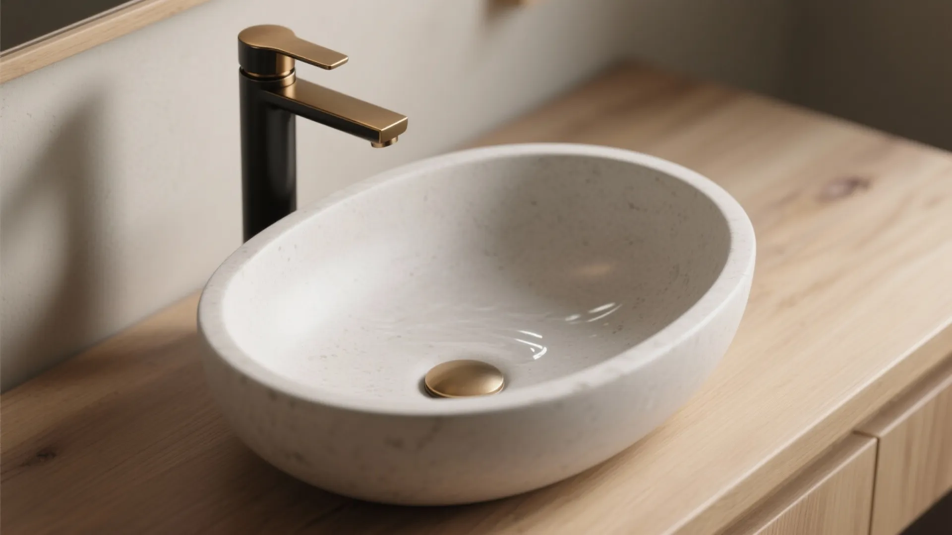 Sculptural vessel sink in stone or matte