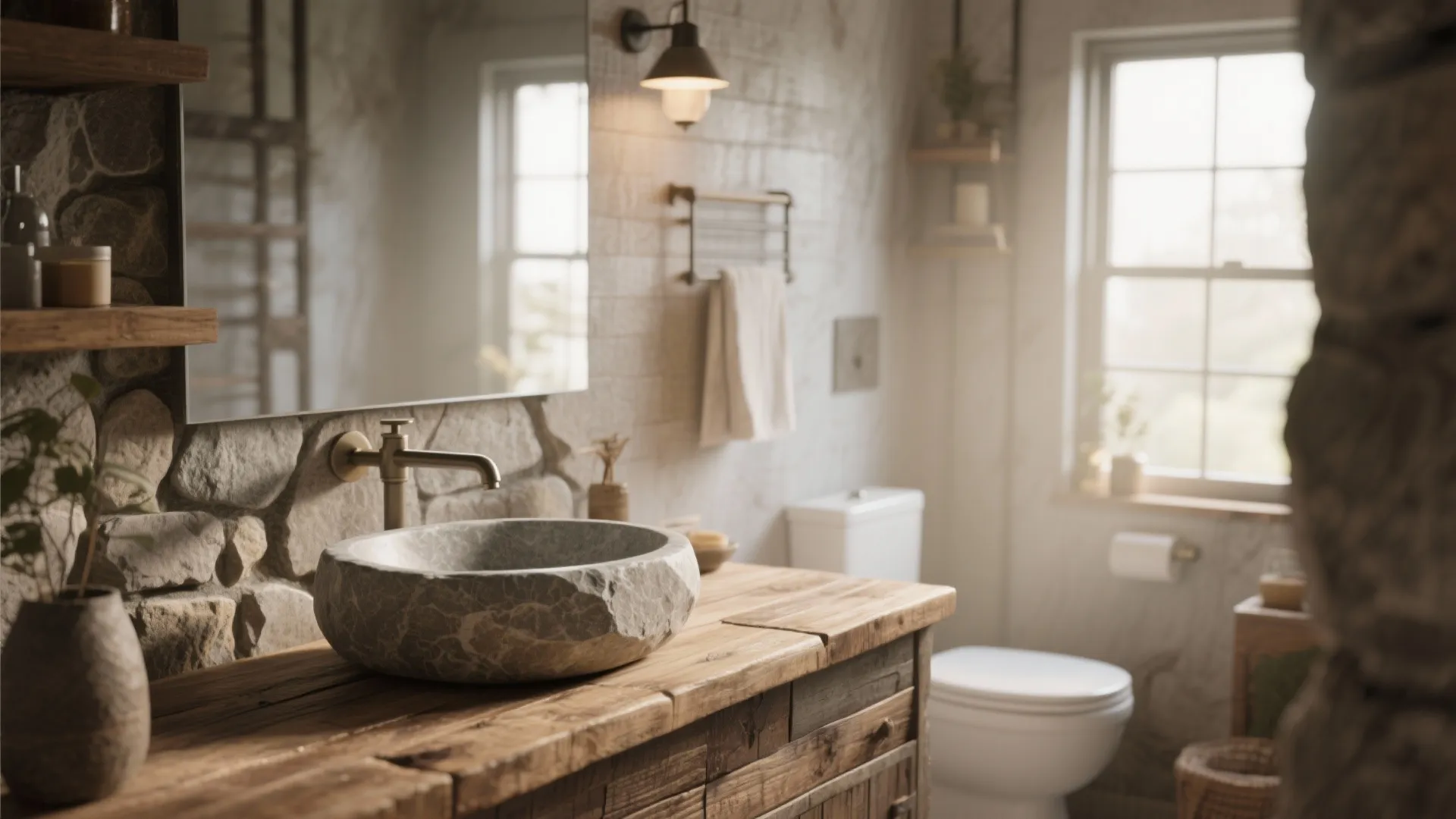 Stone vessel sink on reclaimed wood countertop in a loft bathroom