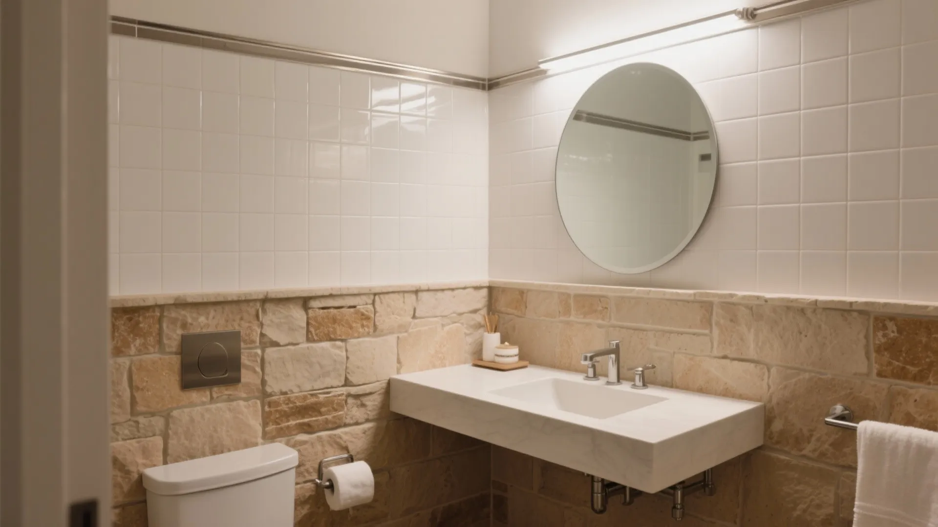 Tip 2: Stone wainscot + glossy tile above