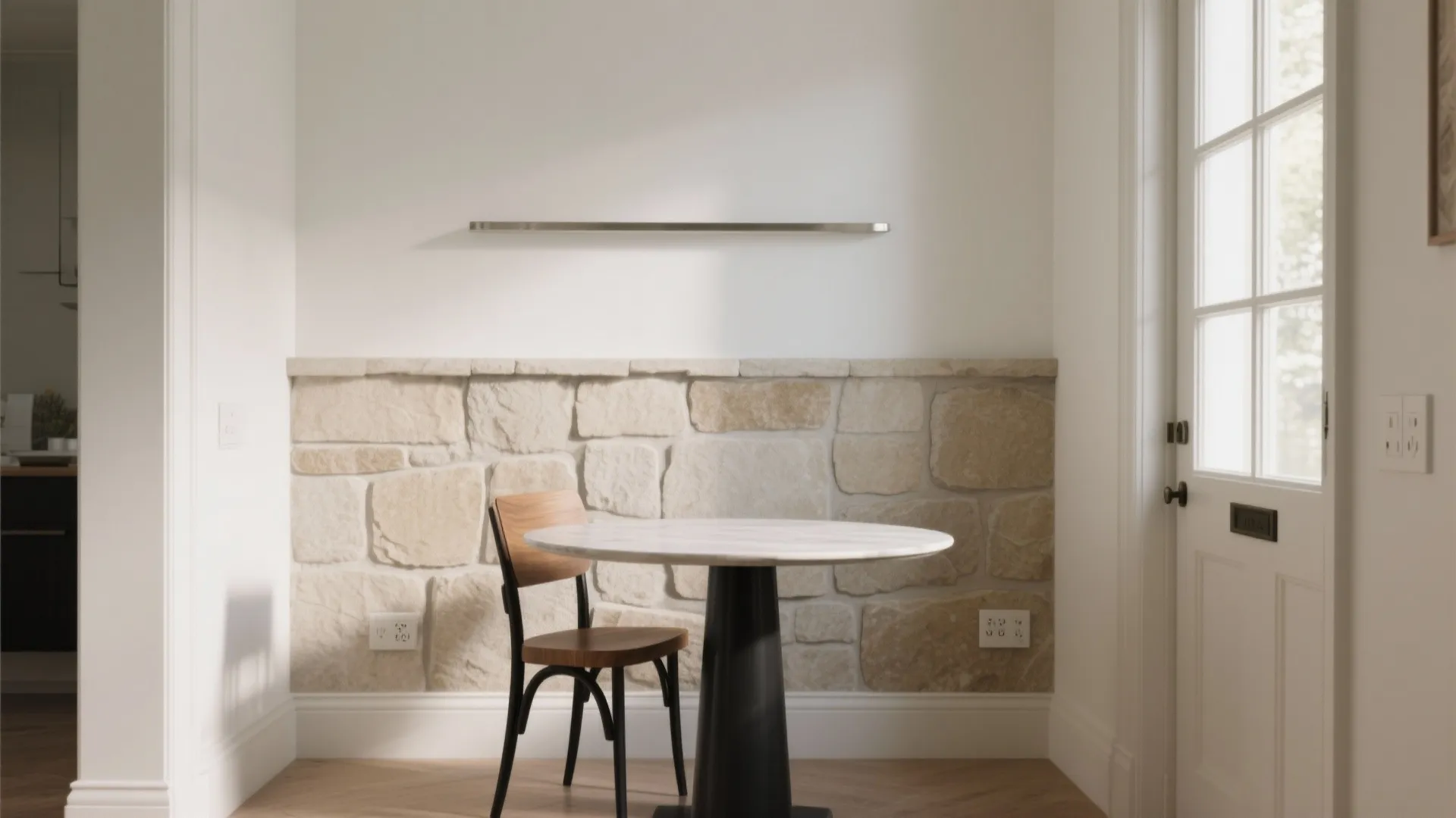 Small dining space with stone wall panel round marble table wooden chair and wall light