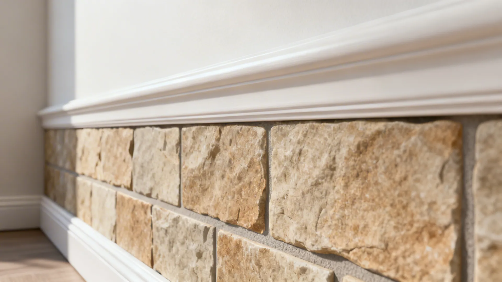 Close up of wall panel featuring light brown stone blocks with white molding and plain wall