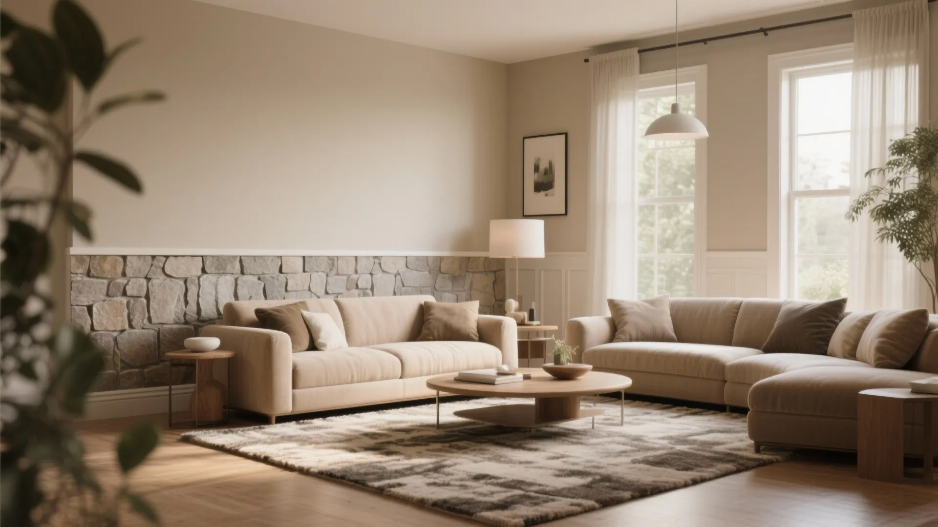 Living room with half-height stone wainscoting